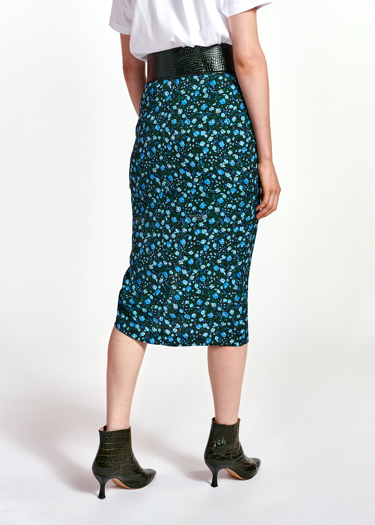 Jupe fourreau fleurie bleue et verte avec fente RE—SSENTIEL | Essentiel second hand