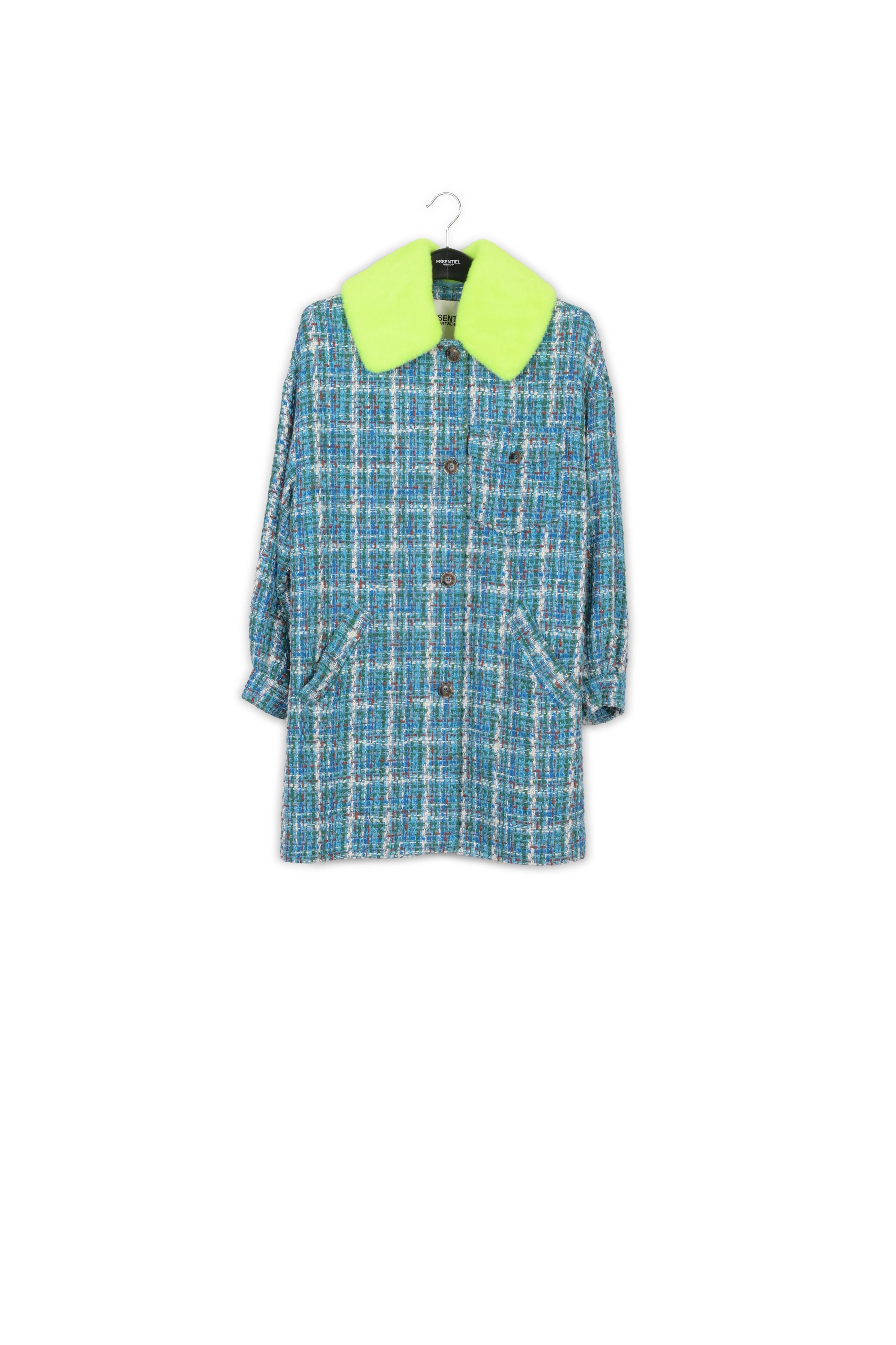Blue, green and white coat with faux fur collar RE—SSENTIEL | Essentiel second hand