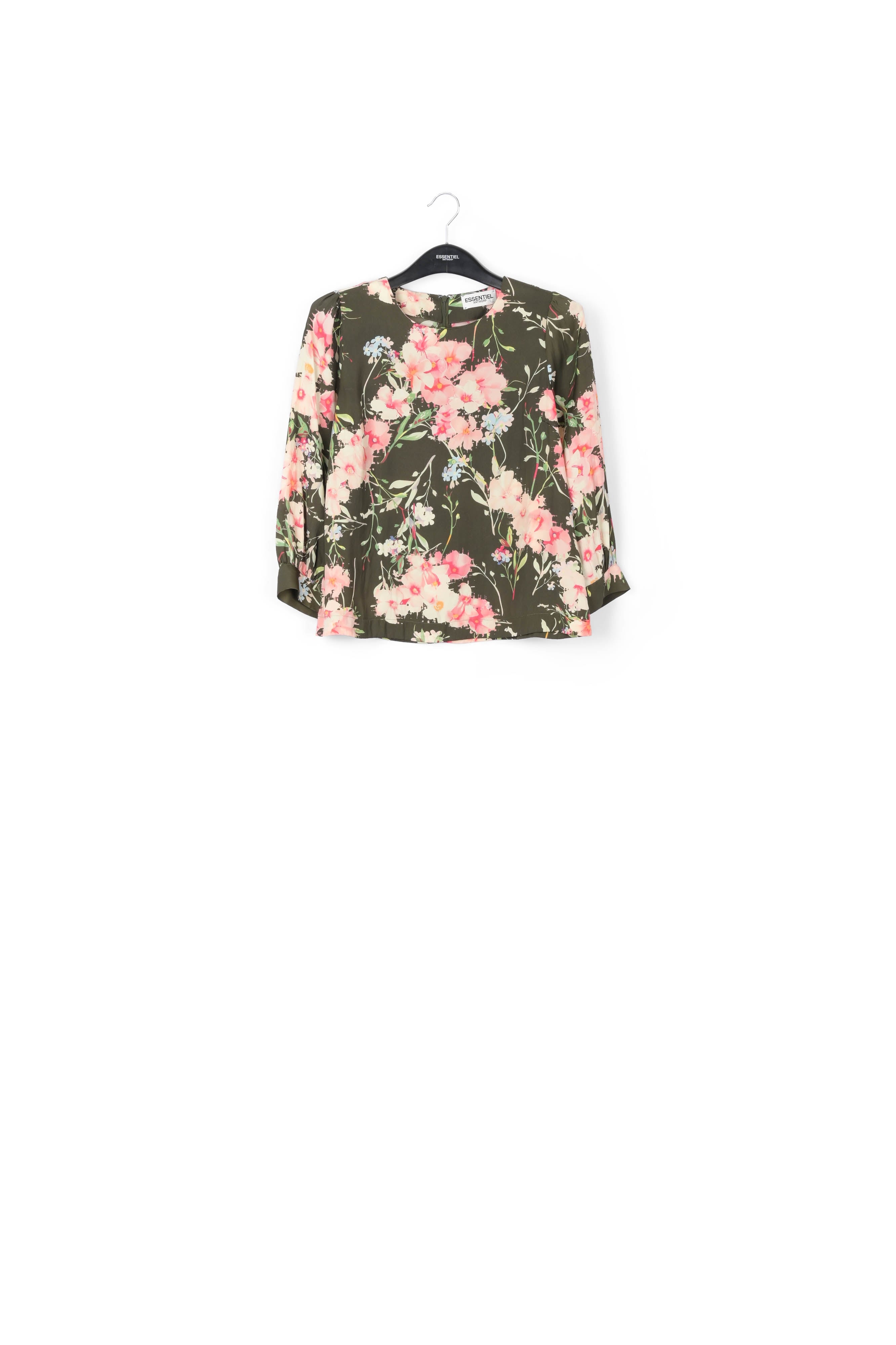 Khaki floral top with puff sleeves RE—SSENTIEL | Essentiel second hand