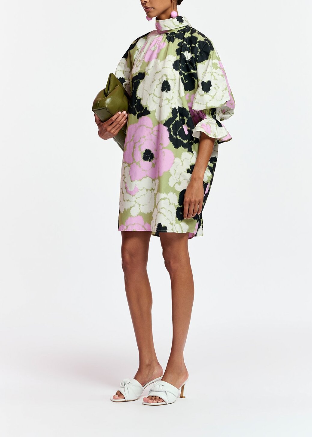 Khaki, lilac and off-white mini dress with stand-up collar RE—SSENTIEL | Essentiel second hand