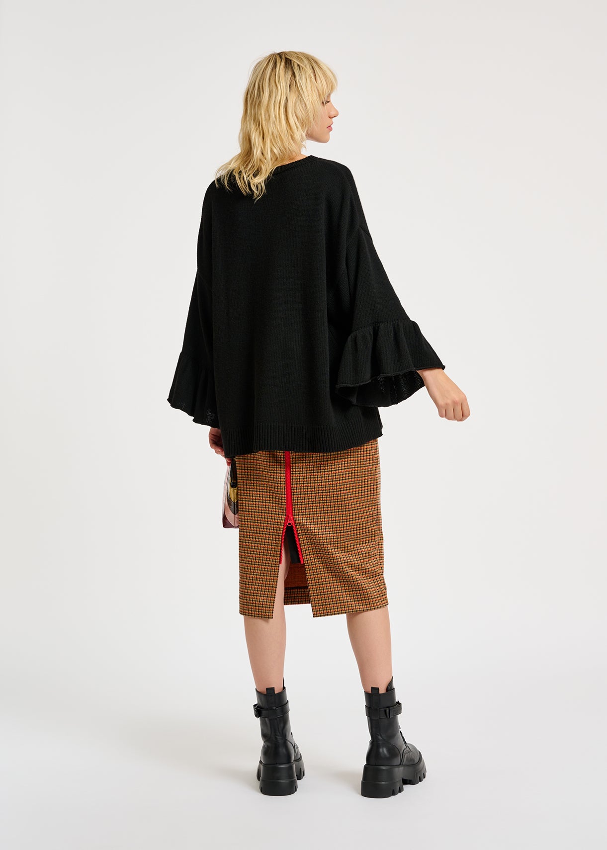 Off-white and orange houndstooth motif pencil skirt RE—SSENTIEL | Essentiel second hand