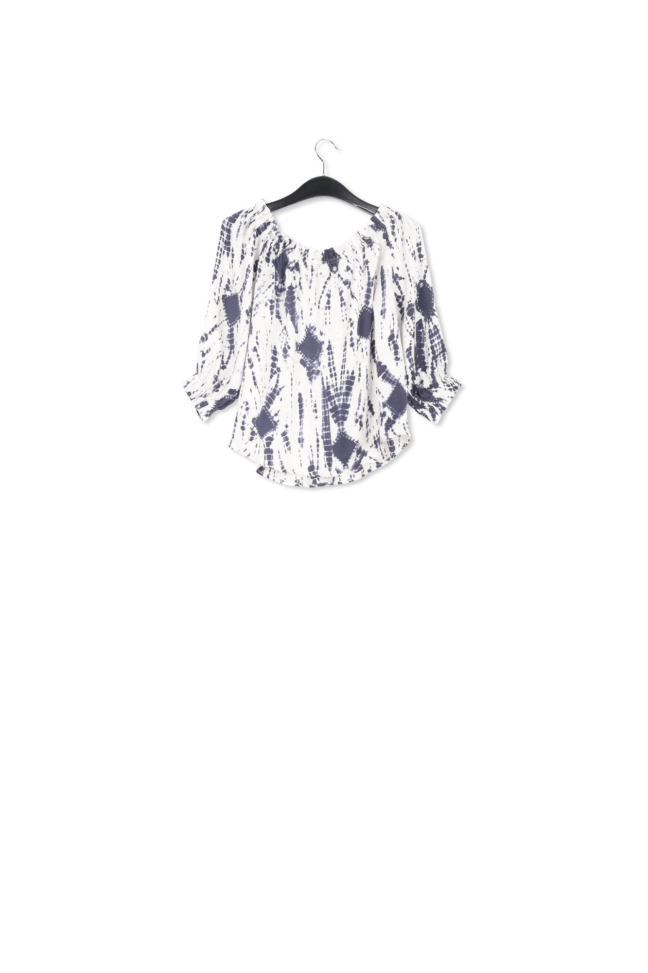 Off-white and dark blue tie-dyed off-the-shoulder silk top RE—SSENTIEL | Essentiel second hand