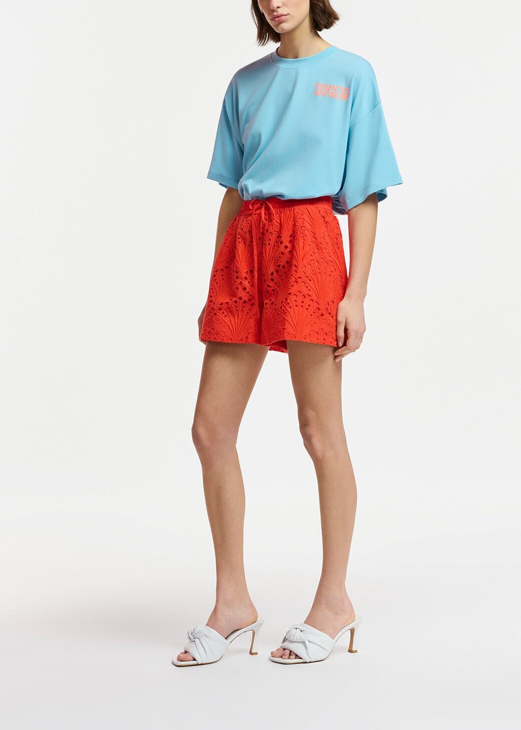 Red broderie anglaise cotton shorts RE—SSENTIEL | Essentiel second hand