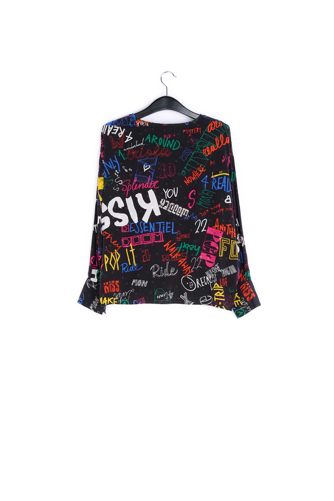 Black silk top with colorful tekst print RE—SSENTIEL | Essentiel second hand