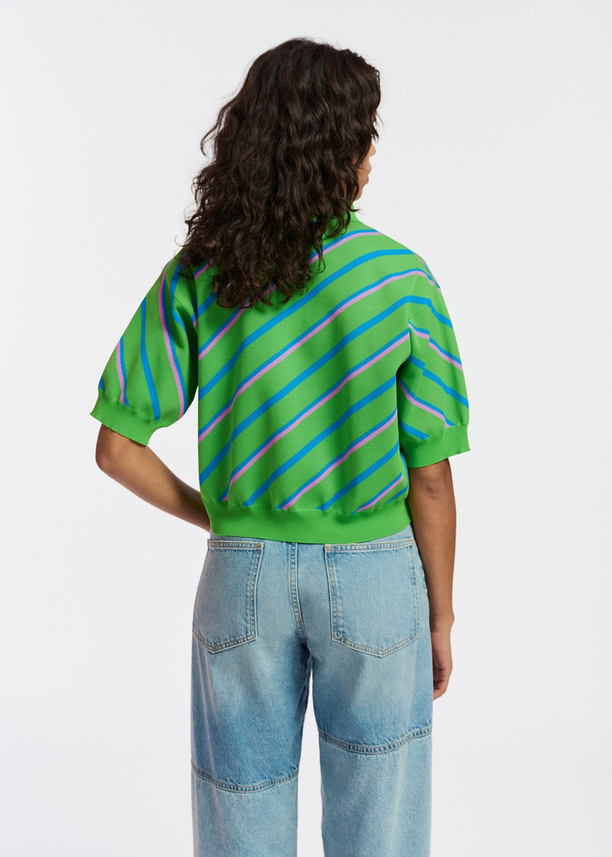Green, blue and lilac striped knitted polo top RE—SSENTIEL | Essentiel second hand