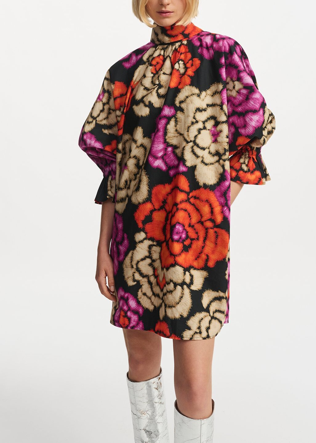 Mini-robe noire, orange et écru à  col montant RE—SSENTIEL | Essentiel second hand