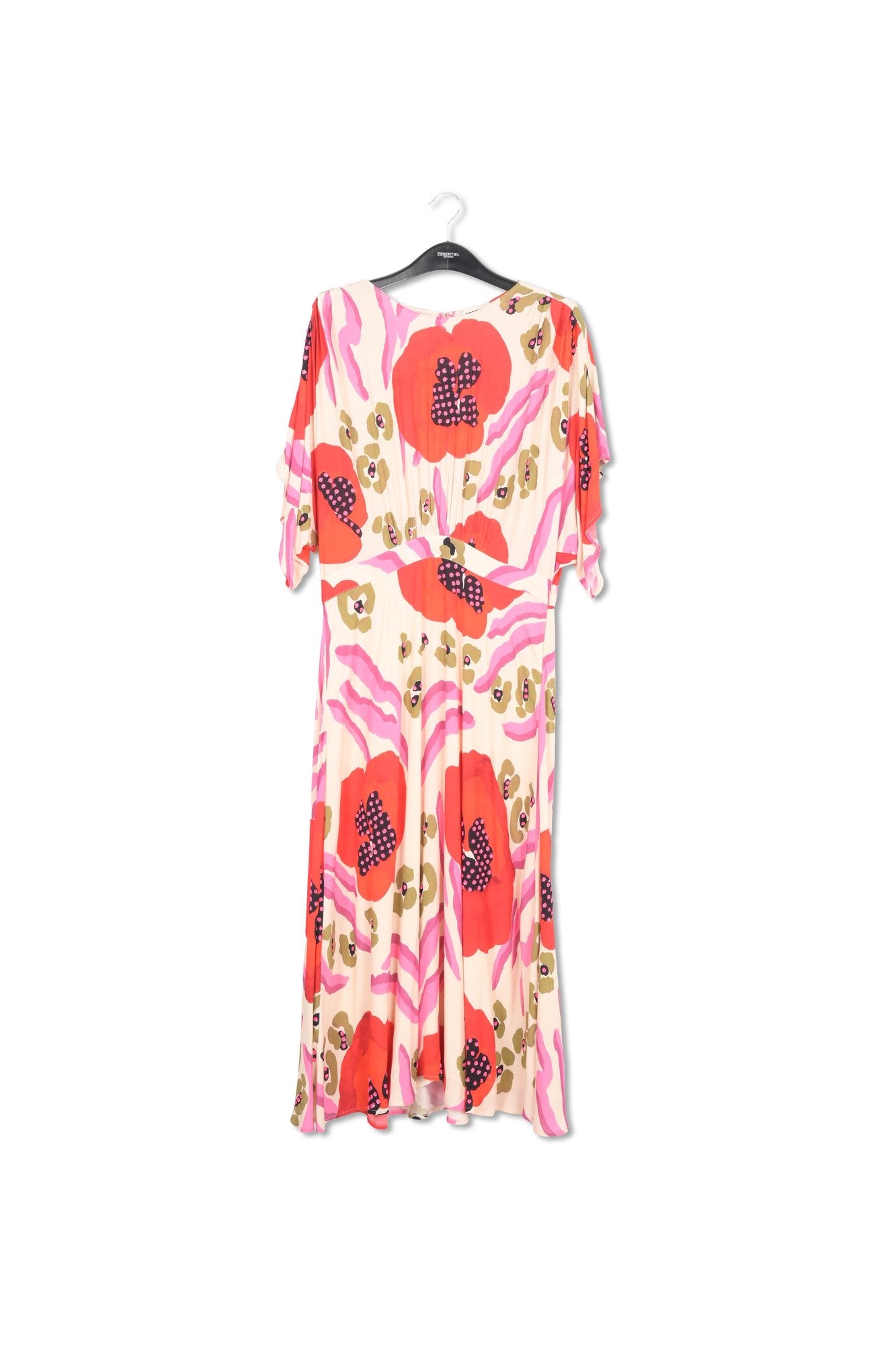 Ecru, red and pink abstract print midi-length dress RE—SSENTIEL | Essentiel second hand