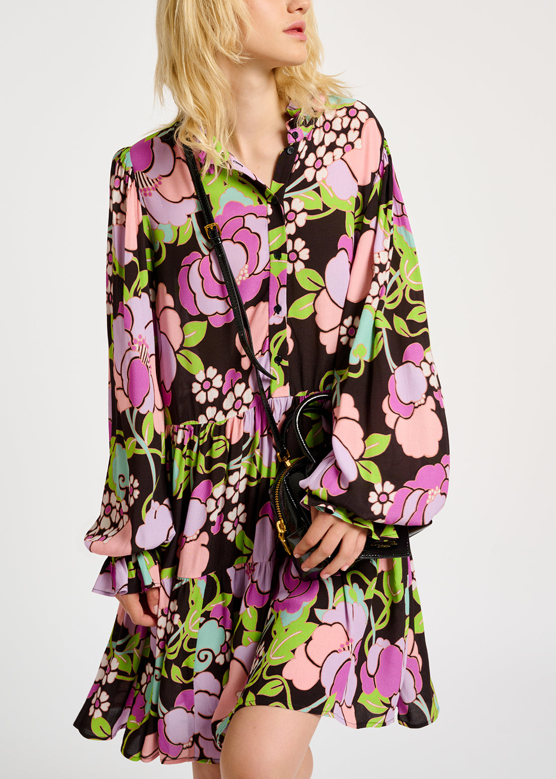 Black tiered mini dress with floral print RE—SSENTIEL | Essentiel second hand