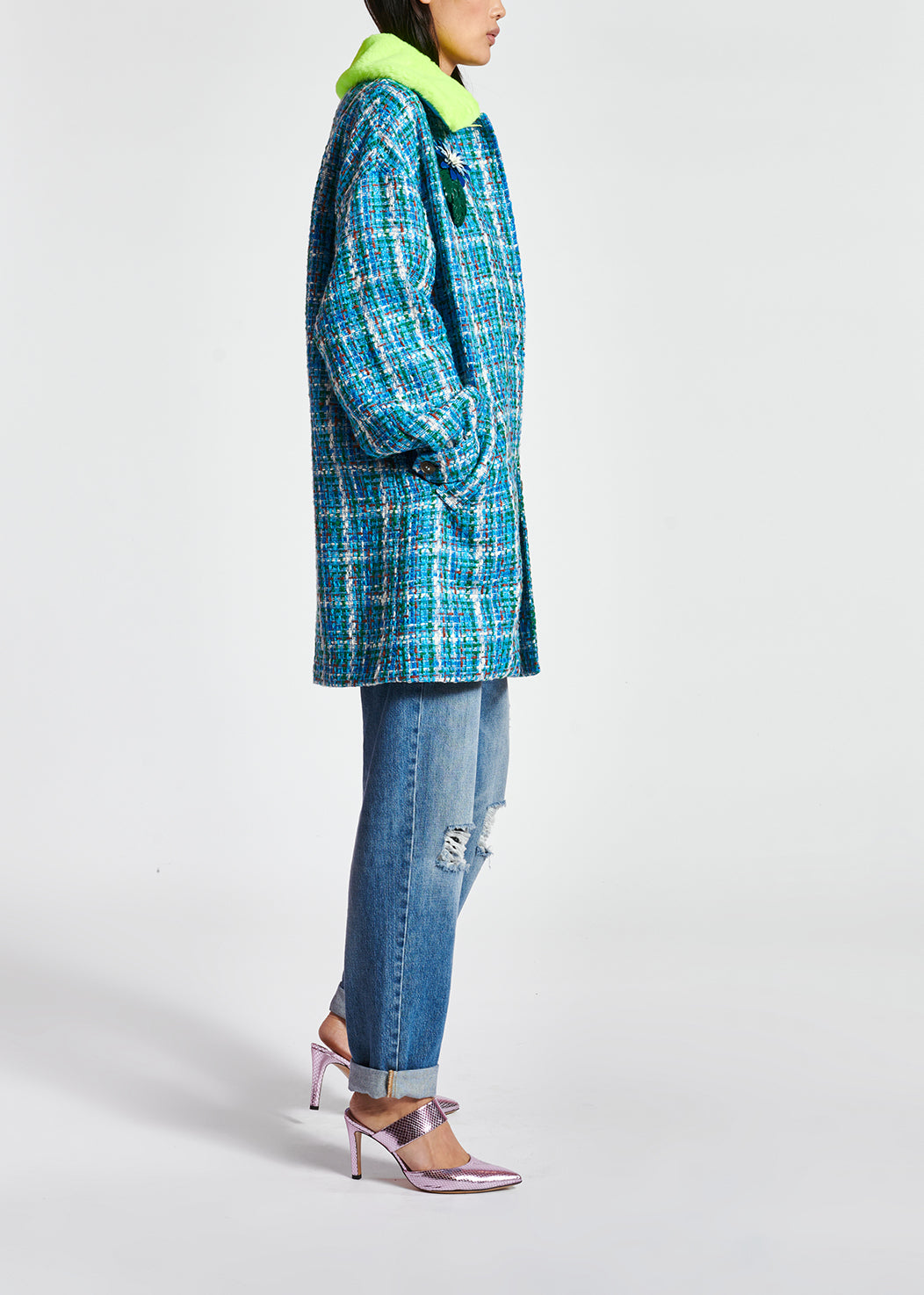 Blue, green and white coat with faux fur collar RE—SSENTIEL | Essentiel second hand