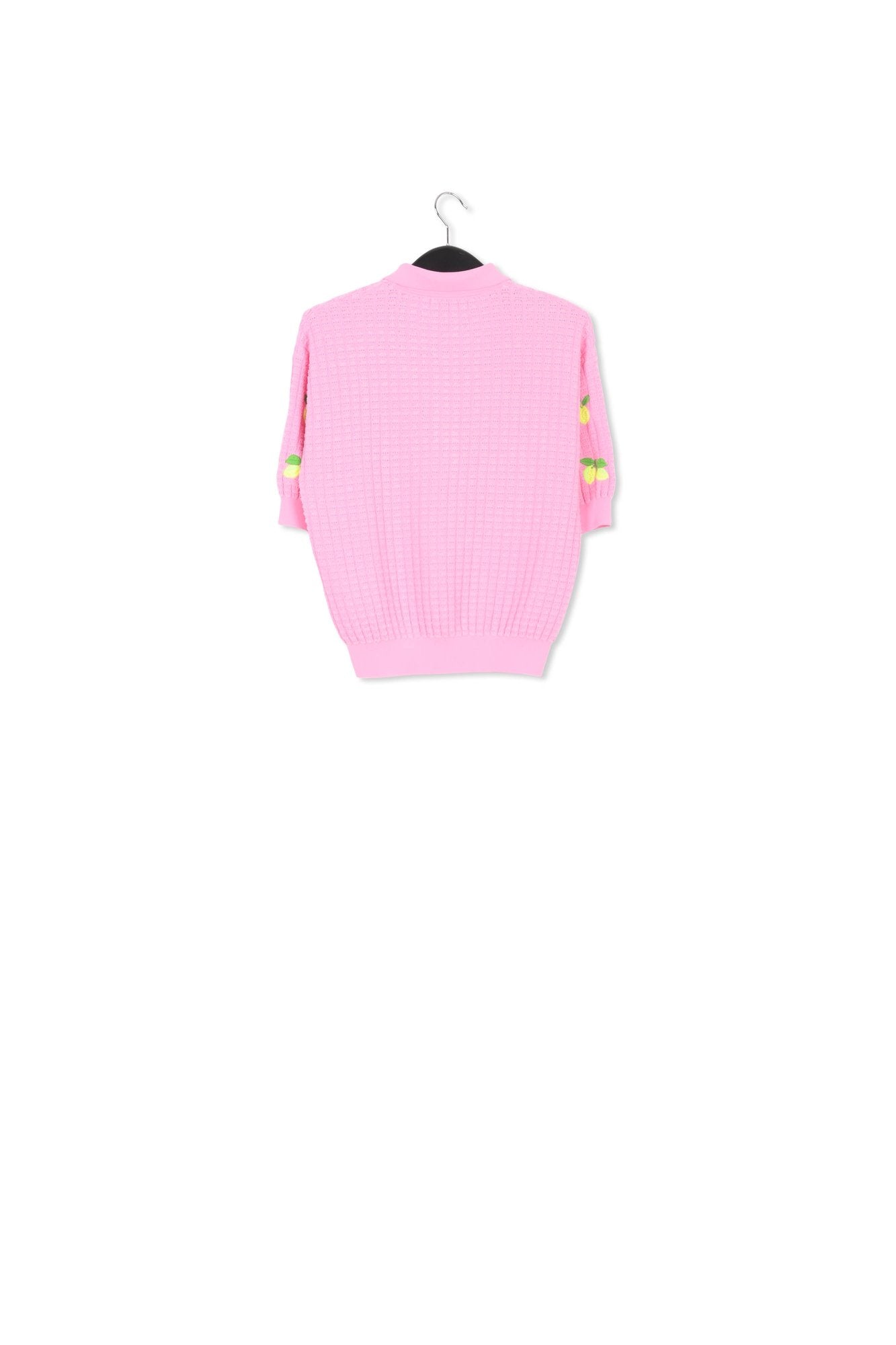 Pink knitted polo top with lemon embroideries RE—SSENTIEL | Essentiel second hand