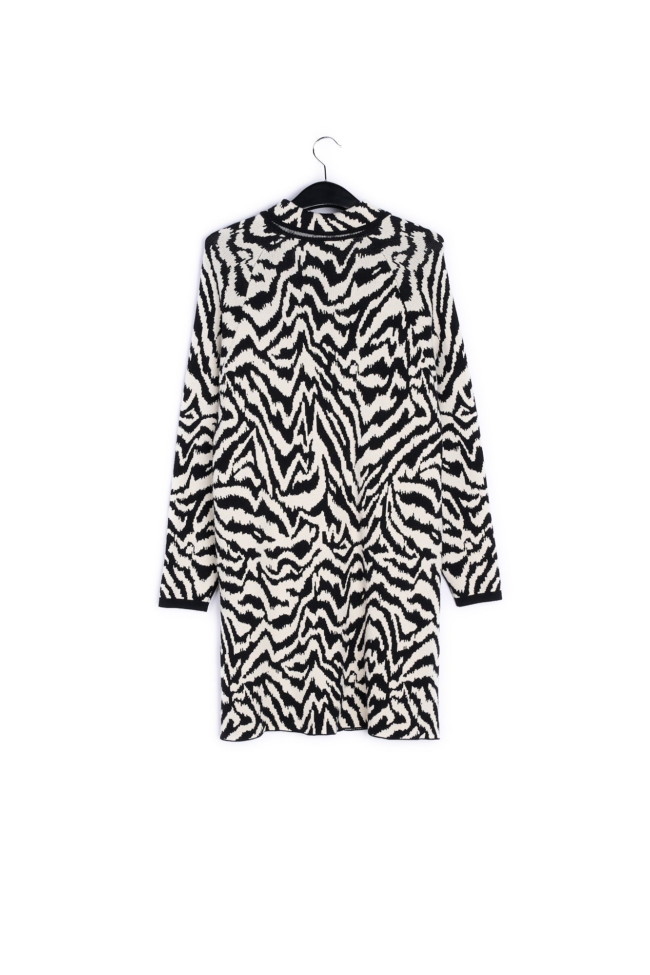 Long black and off-white jacquard coat with zebra motif RE—SSENTIEL | Essentiel second hand