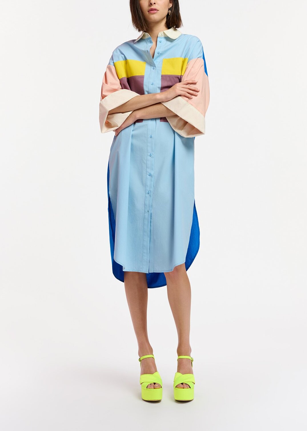 Blue, mauve and yellow color-blocking shirt dress RE—SSENTIEL | Essentiel second hand
