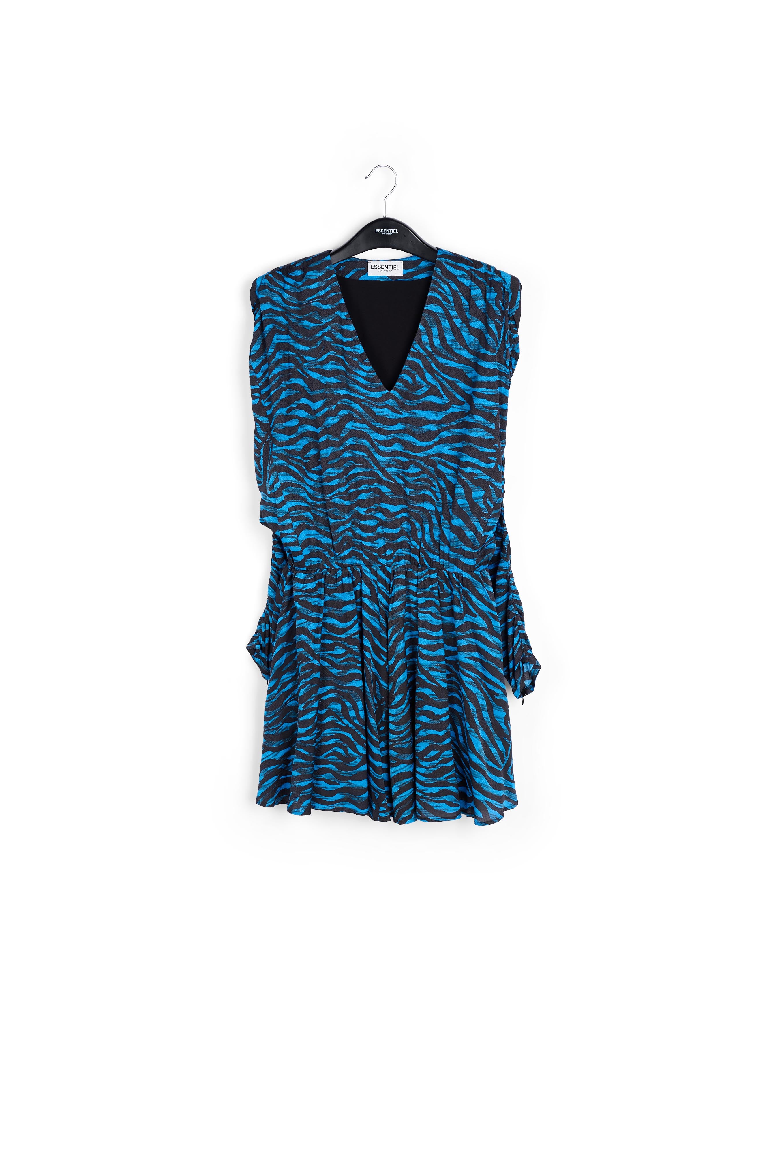 Volumineuze mini-jurk met blauwe en groene zebraprint RE—SSENTIEL | Essentiel second hand