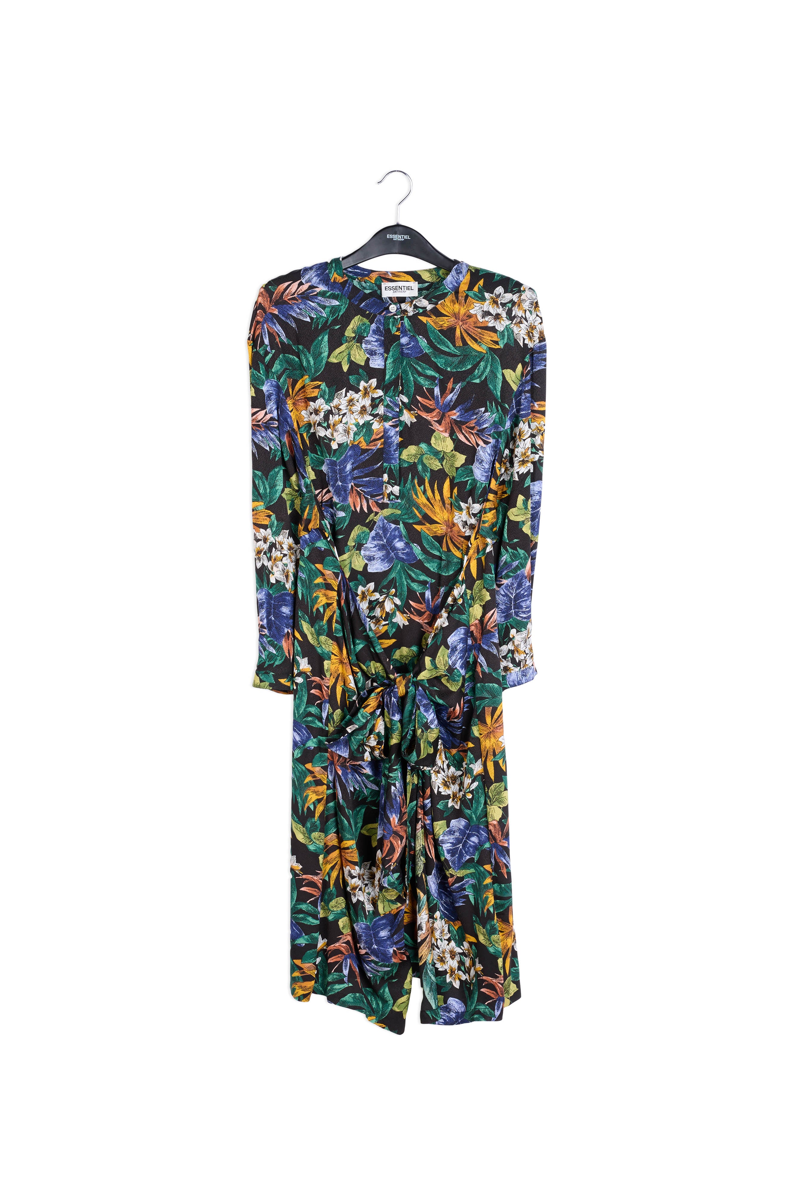 Groene, blauwe en oranje midi-jurk met bloemen RE—SSENTIEL | Essentiel second hand