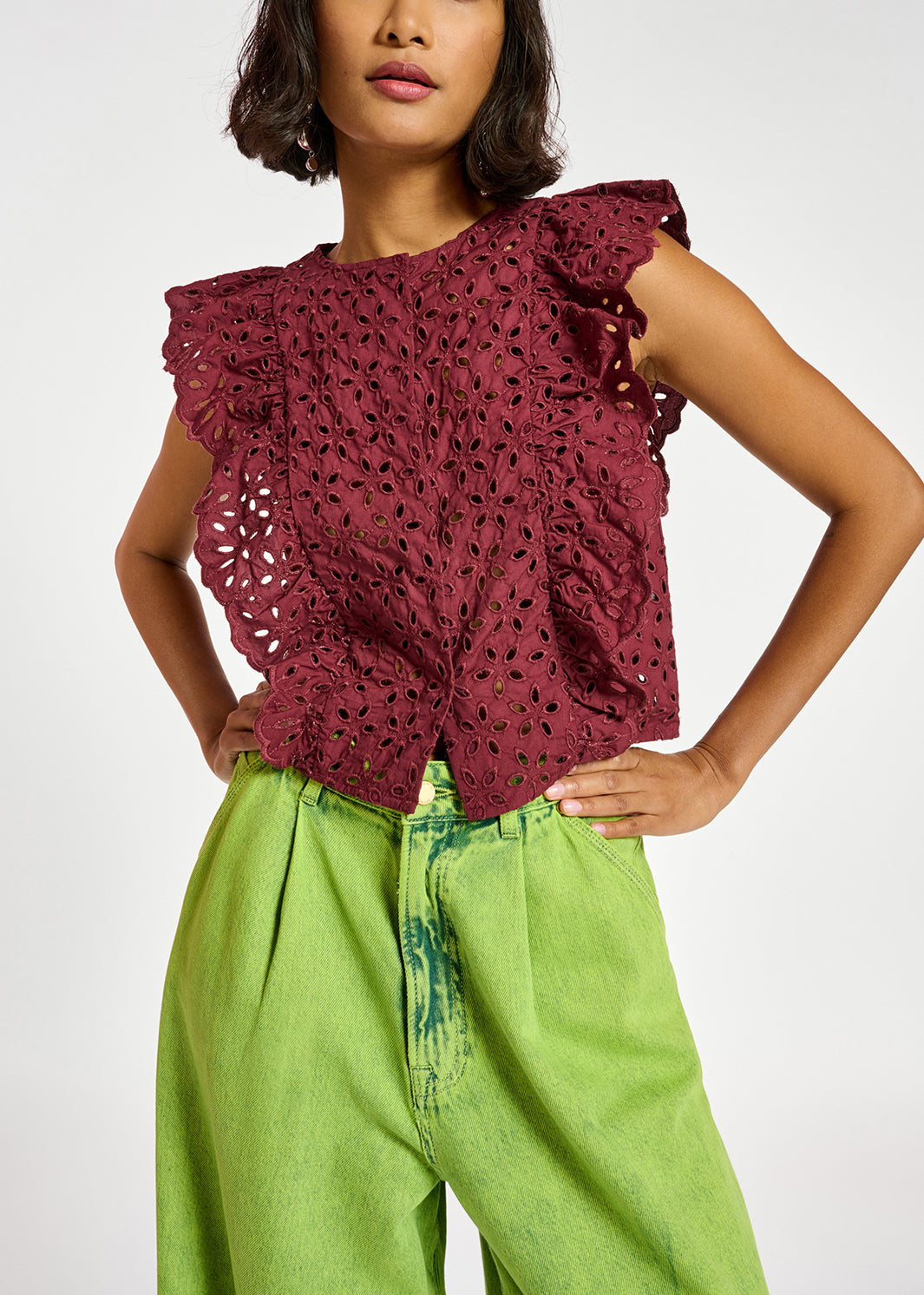 Burgundy broderie anglaise cotton top RE—SSENTIEL | Essentiel second hand