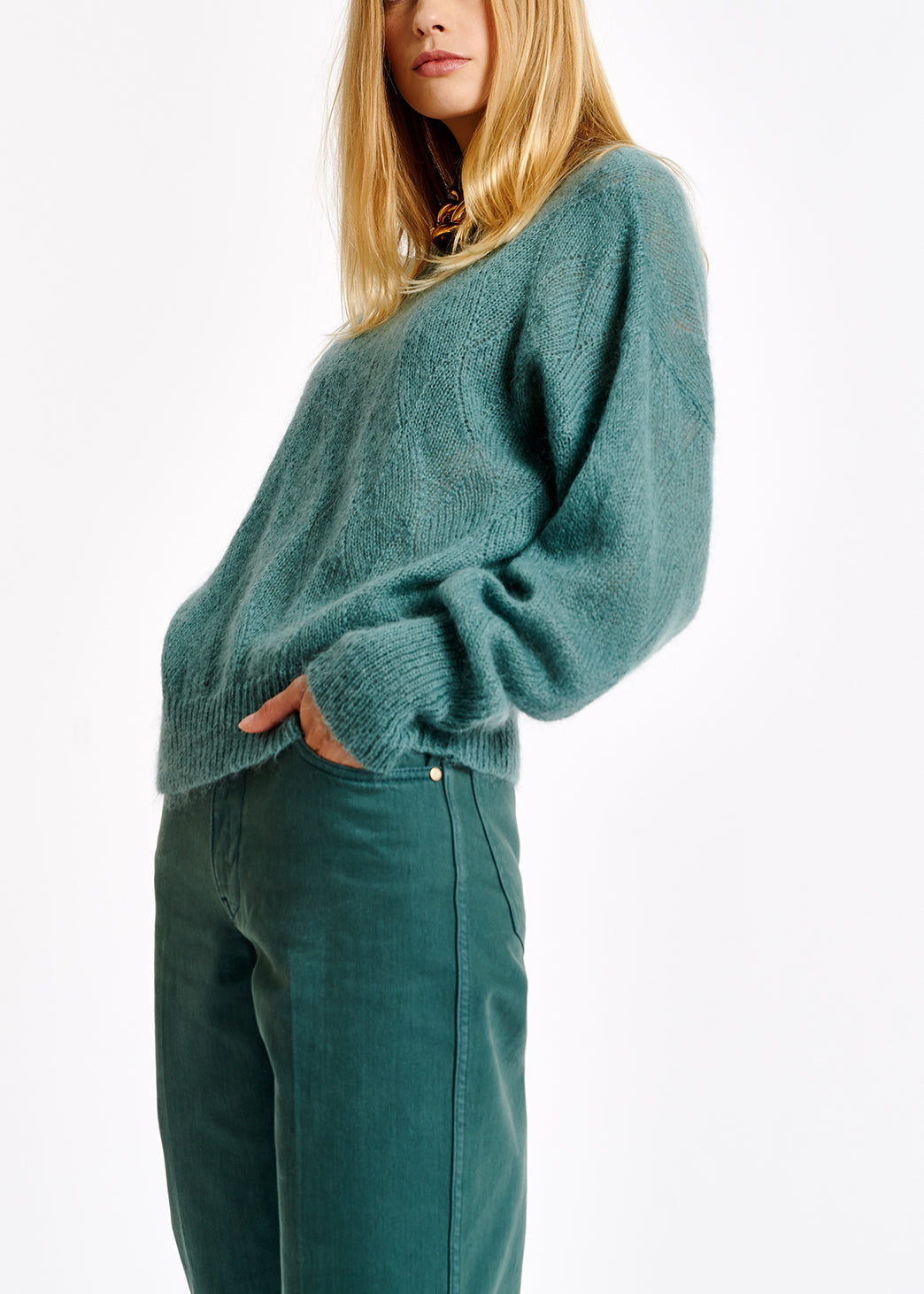 Blue ajour-knitted mohair sweater RE—SSENTIEL | Essentiel second hand