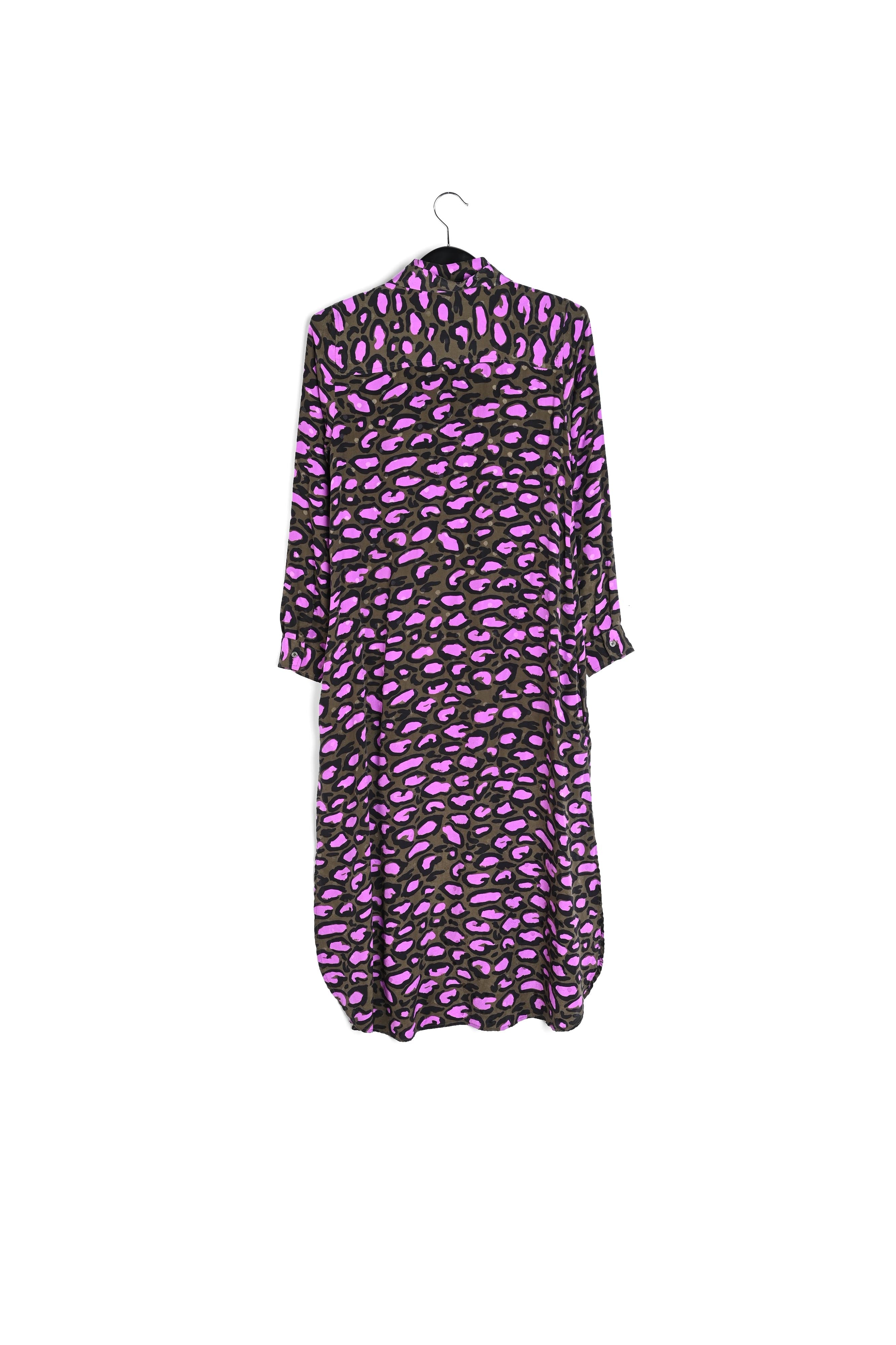 Kakigroene zijden hemdjurk met luipaardprint RE—SSENTIEL | Essentiel second hand