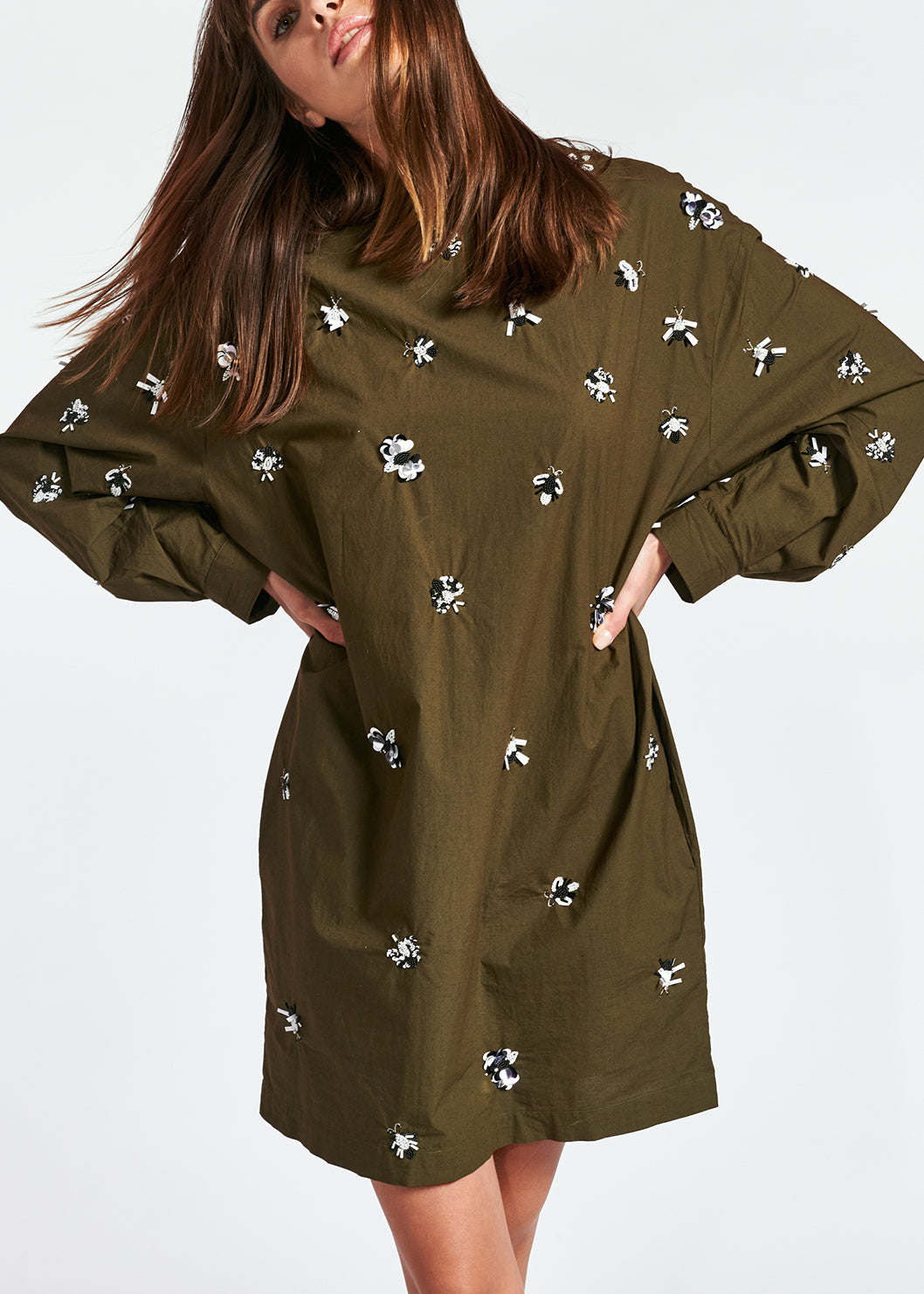 Khaki green cotton-polin dress with sequin details RE—SSENTIEL | Essentiel second hand