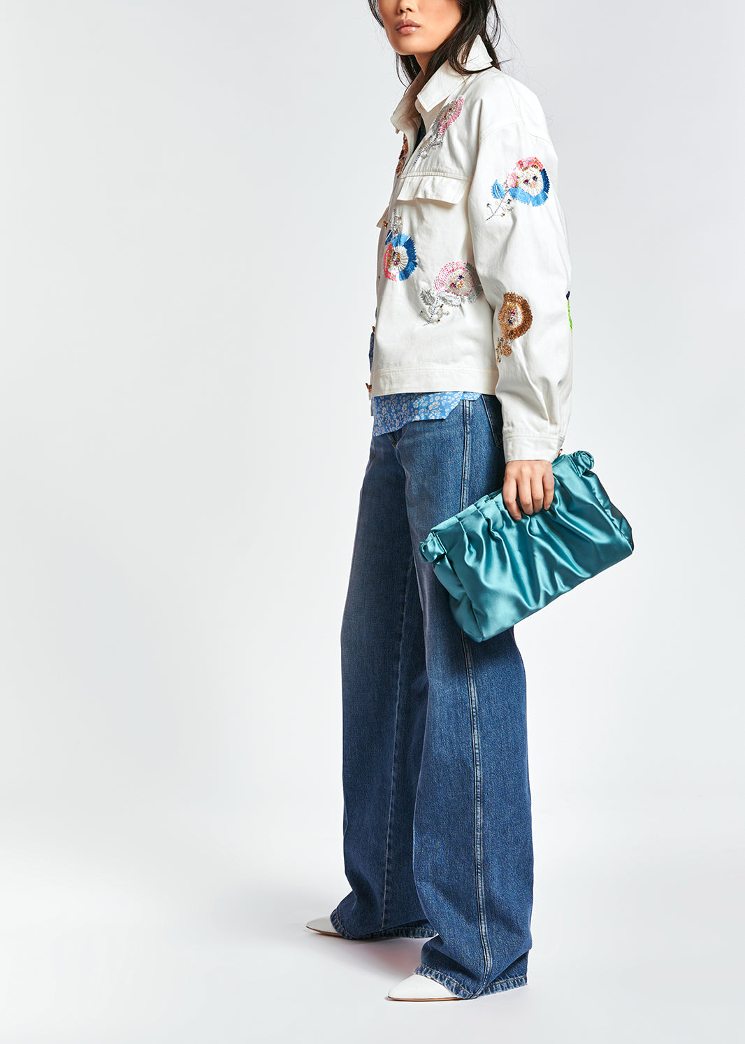 Off-white floral-embroidered cotton denim jacket RE—SSENTIEL | Essentiel second hand