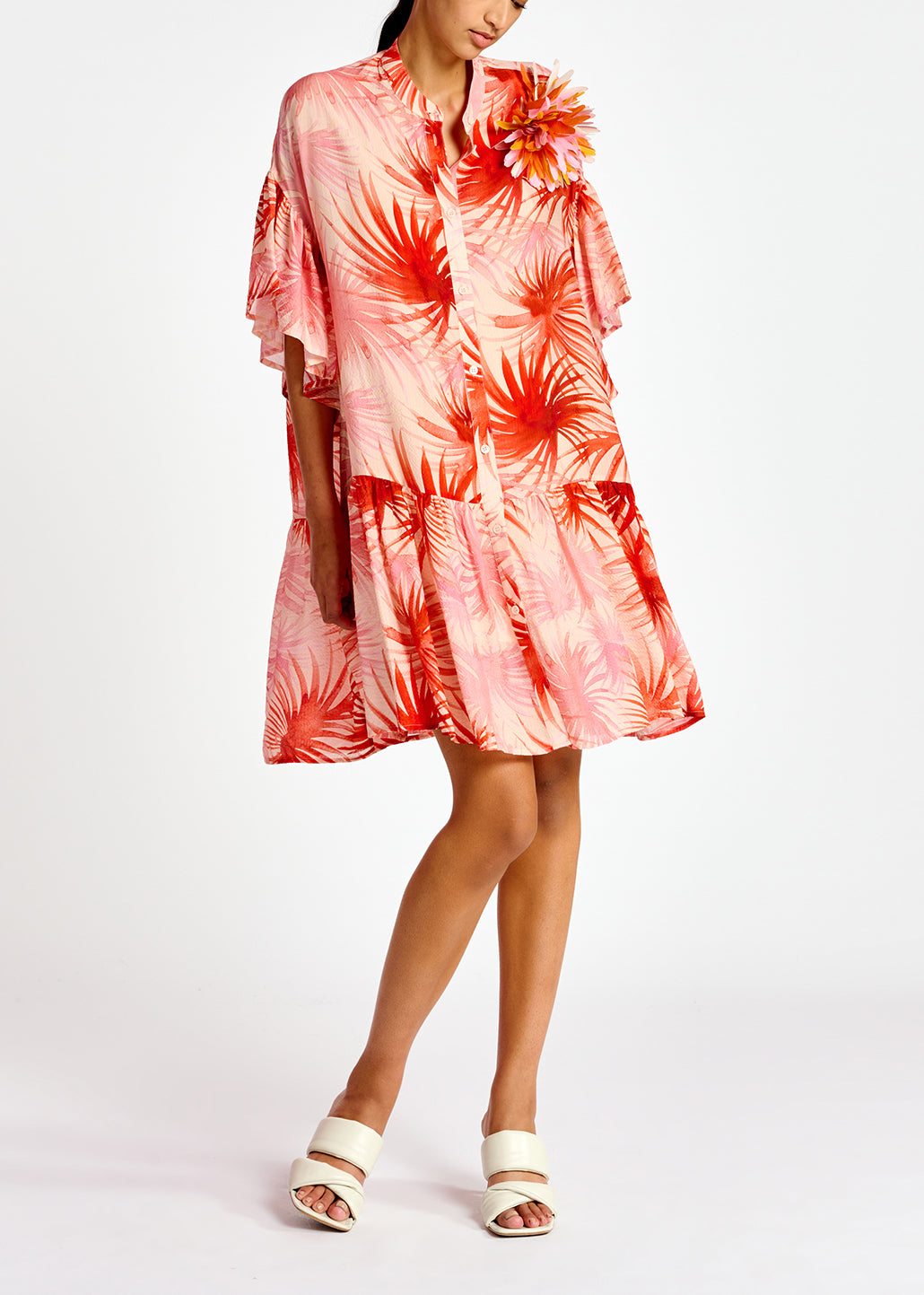 Orange viscose-silk palm leaf print mini dress RE—SSENTIEL | Essentiel second hand