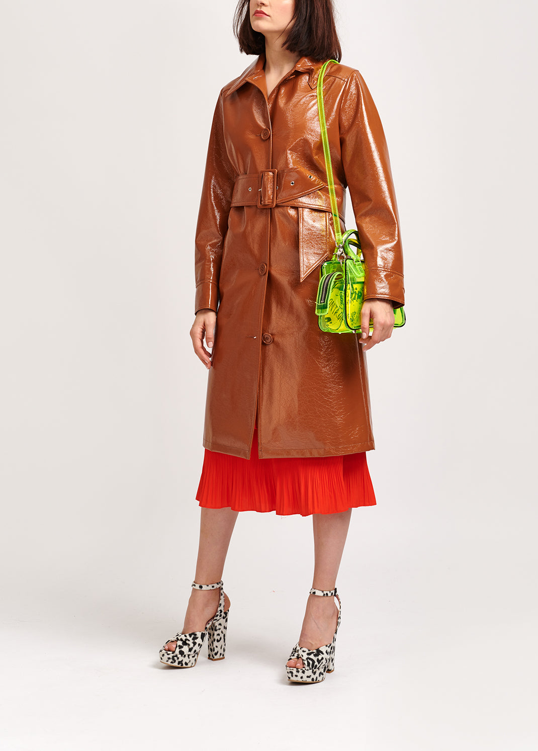 Brown faux patent-leather trench coat RE—SSENTIEL | Essentiel second hand