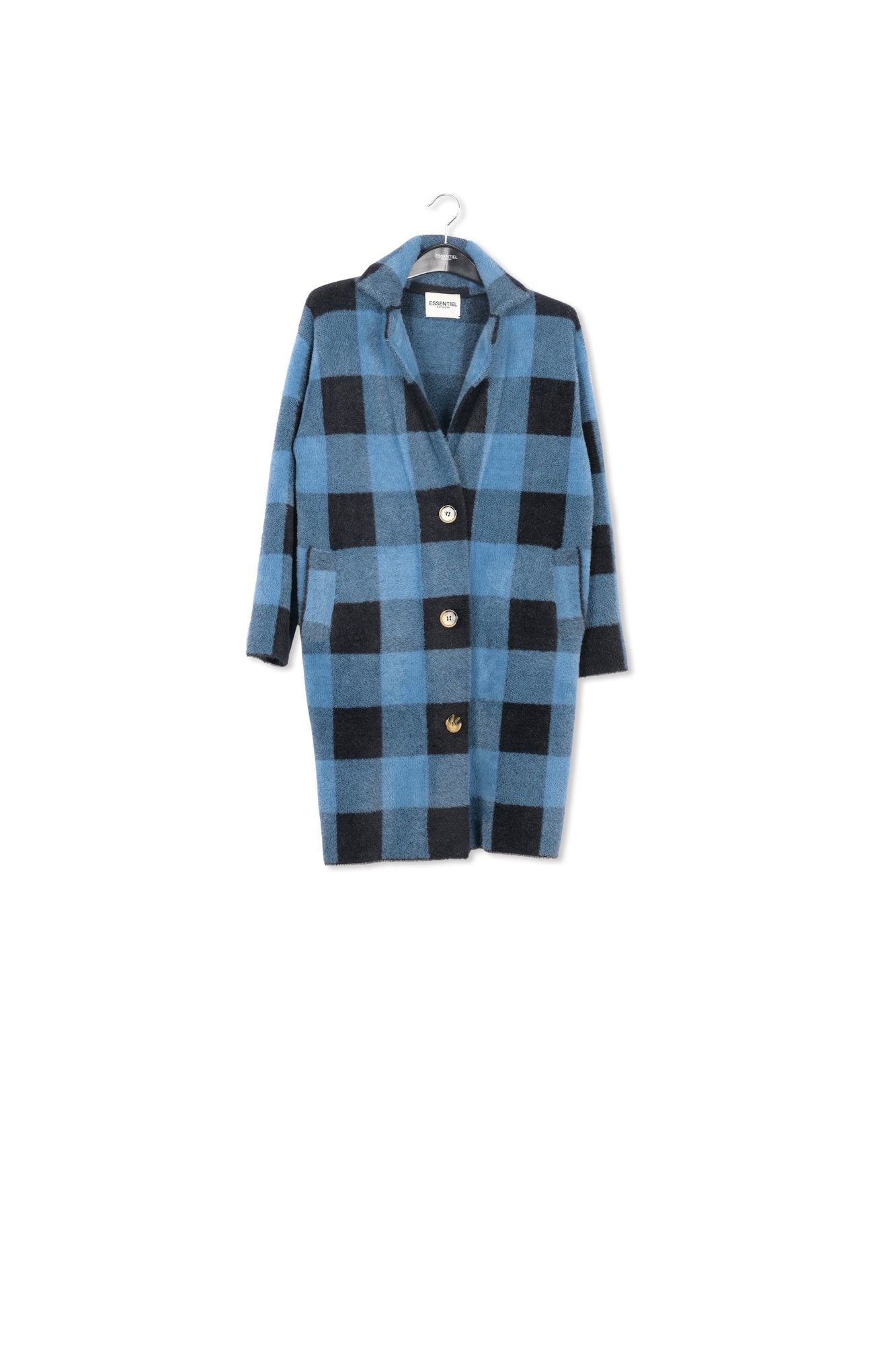Black and blue check knitted coat RE—SSENTIEL | Essentiel second hand