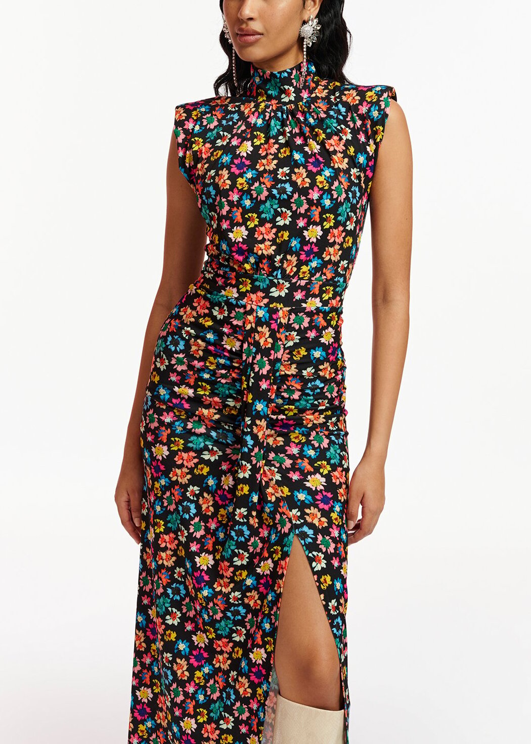 Black stretch-jersey midi dress with multicolor floral print RE—SSENTIEL | Essentiel second hand