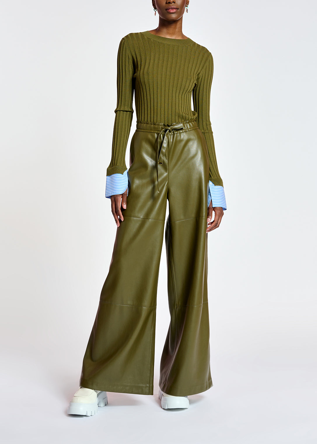 Khaki rib-knitted sweater with striped cuffs RE—SSENTIEL | Essentiel second hand