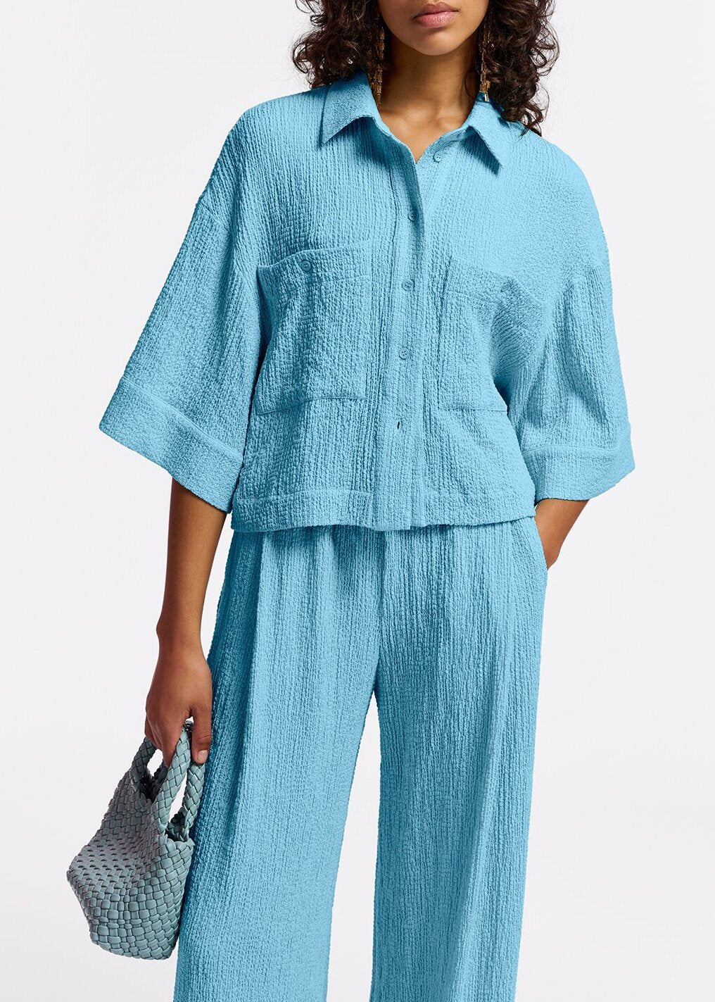 Light blue wide-leg seersucker pants RE—SSENTIEL | Essentiel second hand