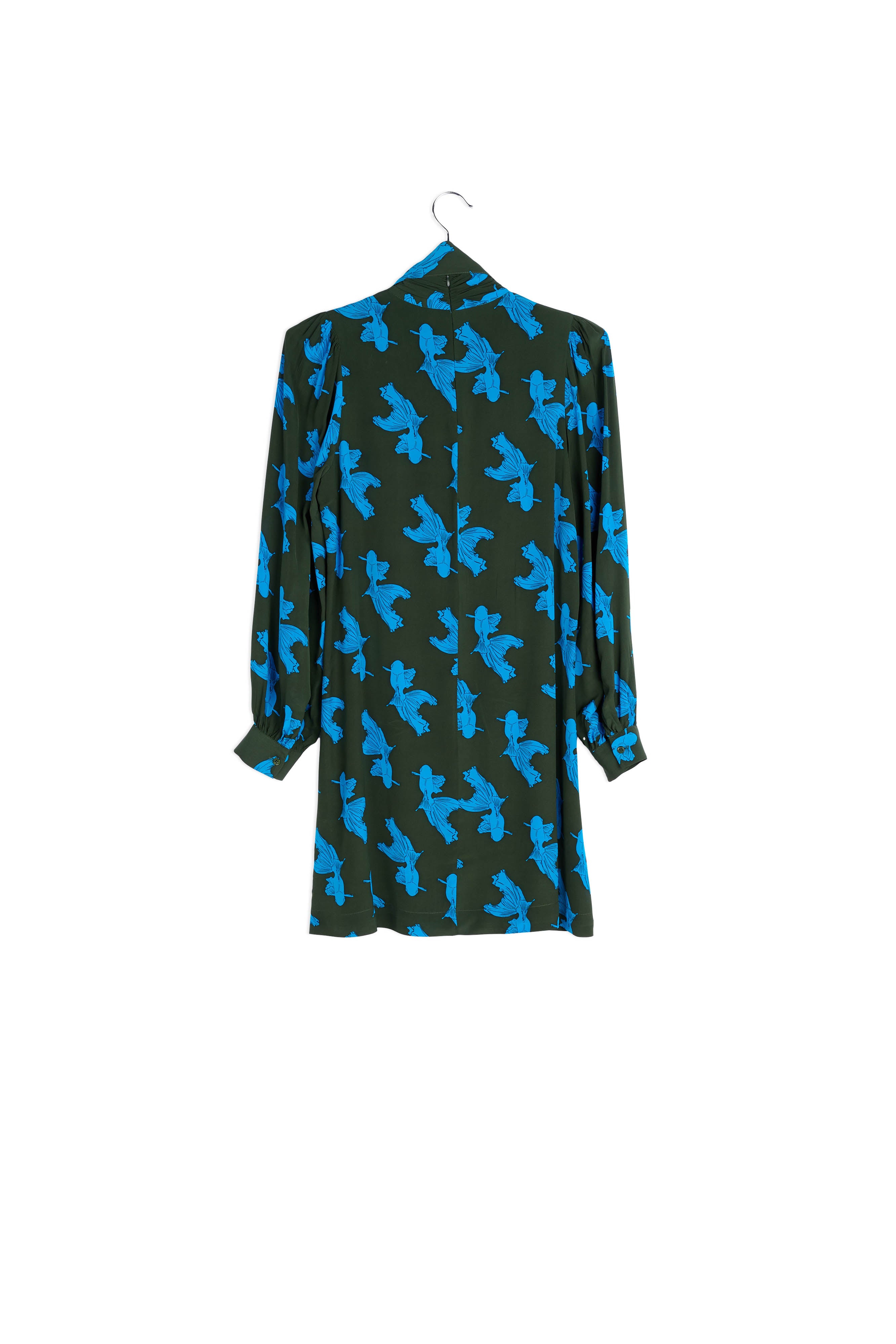 Kaki en turquoise mini-jurk met grafische print RE—SSENTIEL | Essentiel second hand