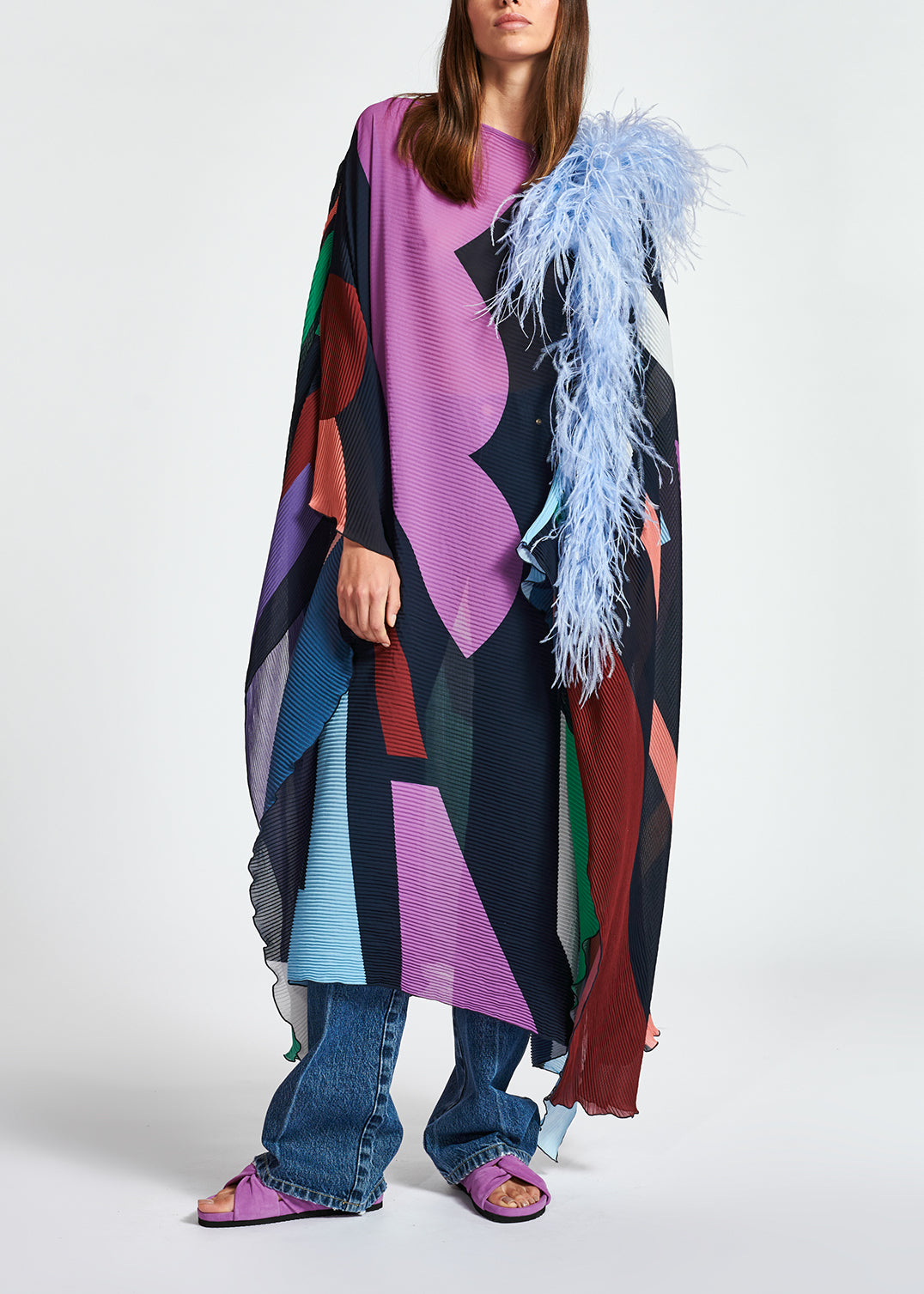 Dark blue graphic print plissé maxi-length kaftan dress RE—SSENTIEL | Essentiel second hand