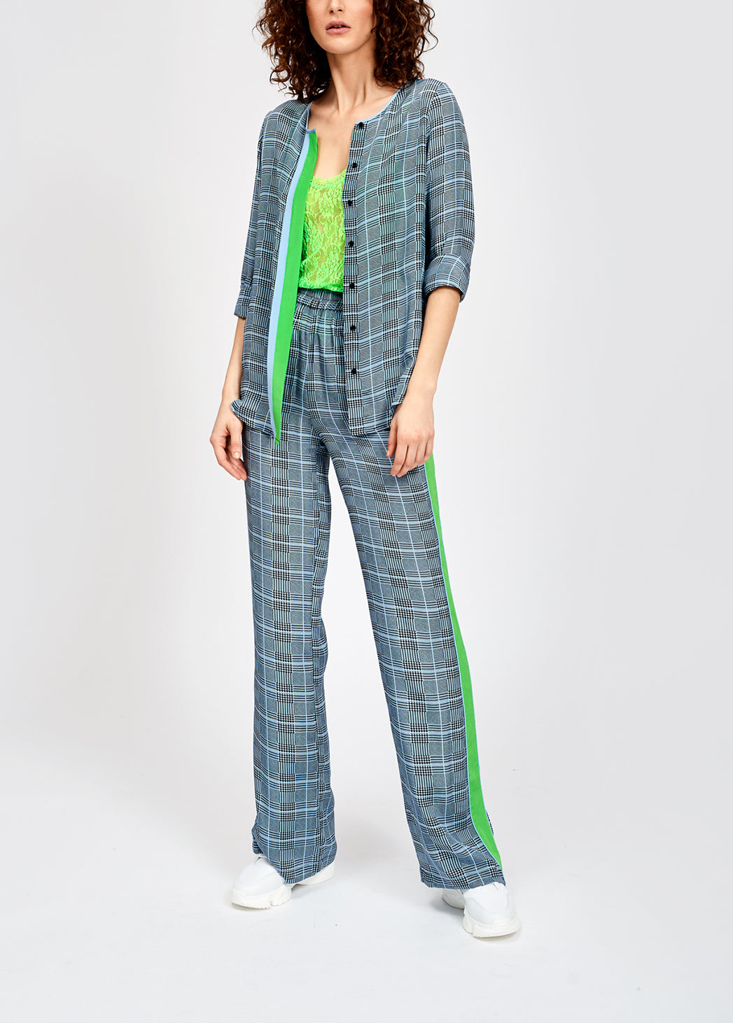 Large check blue print blouse with contrasting stripe RE—SSENTIEL | Essentiel second hand