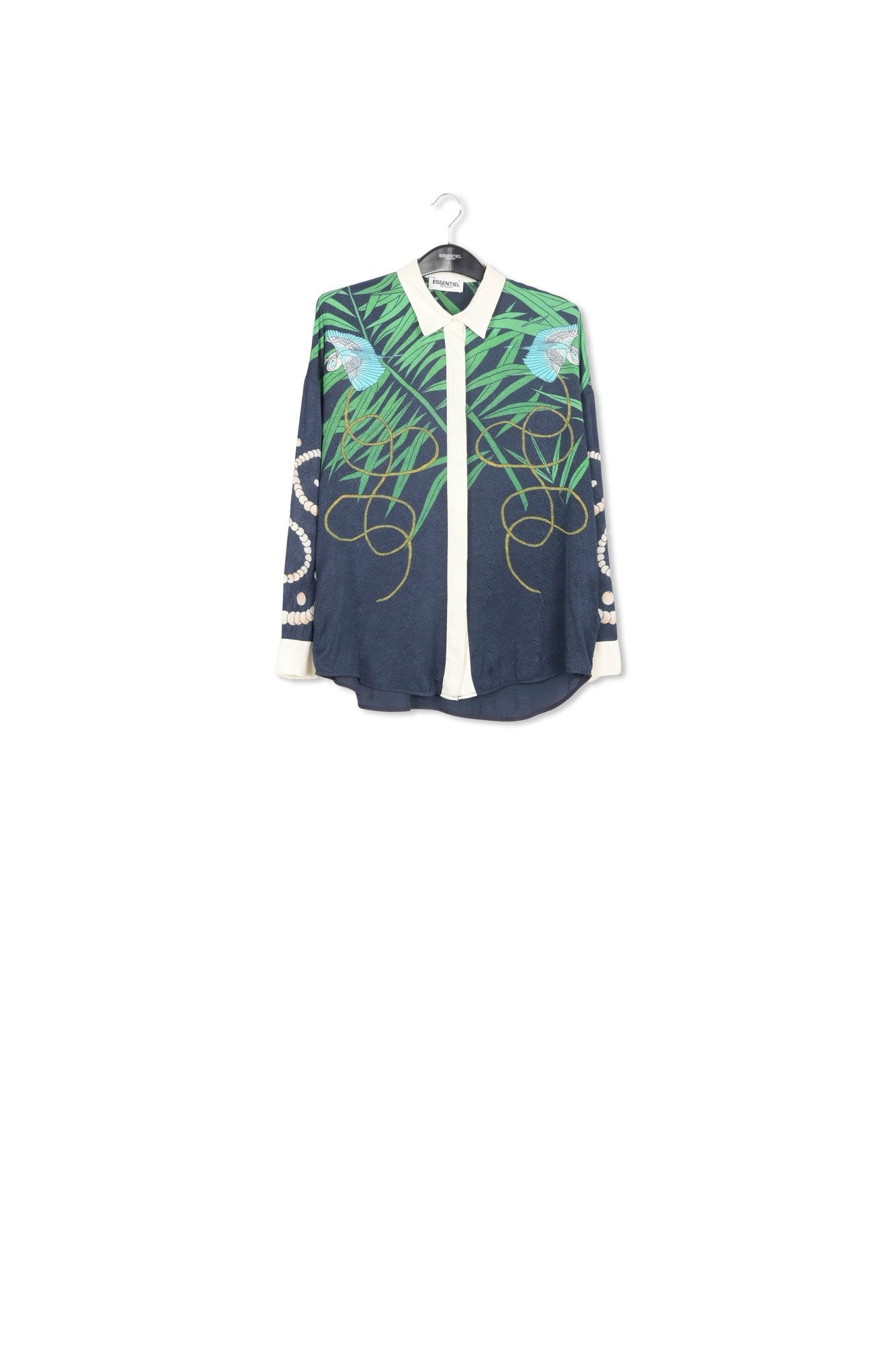 Dark blue tropical print viscose-jacquard shirt RE—SSENTIEL | Essentiel second hand