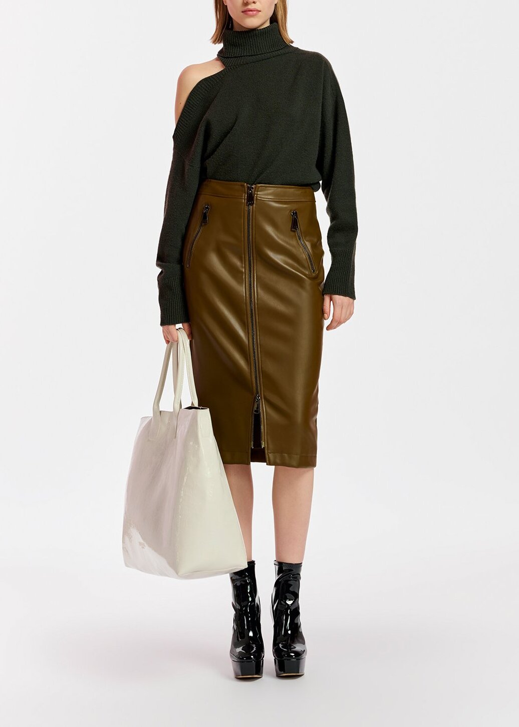 Khaki faux leather pencil skirt RE—SSENTIEL | Essentiel second hand
