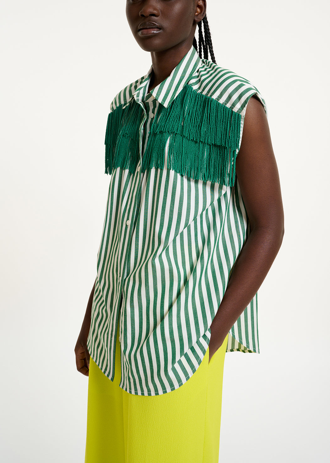 White and green striped shirt with beaded fringes RE—SSENTIEL | Essentiel second hand