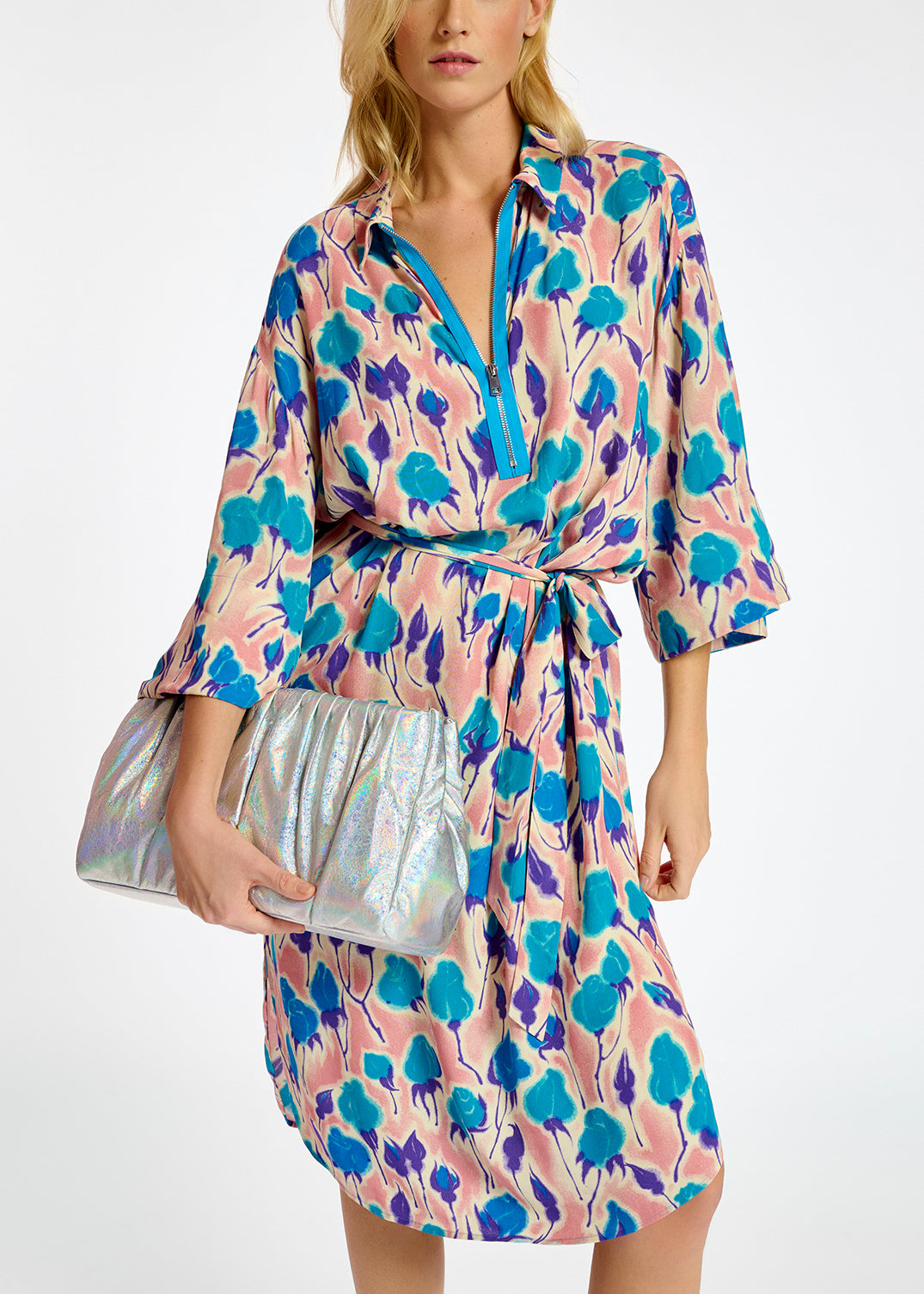 Light pink, blue and purple floral print midi-length dress RE—SSENTIEL | Essentiel second hand