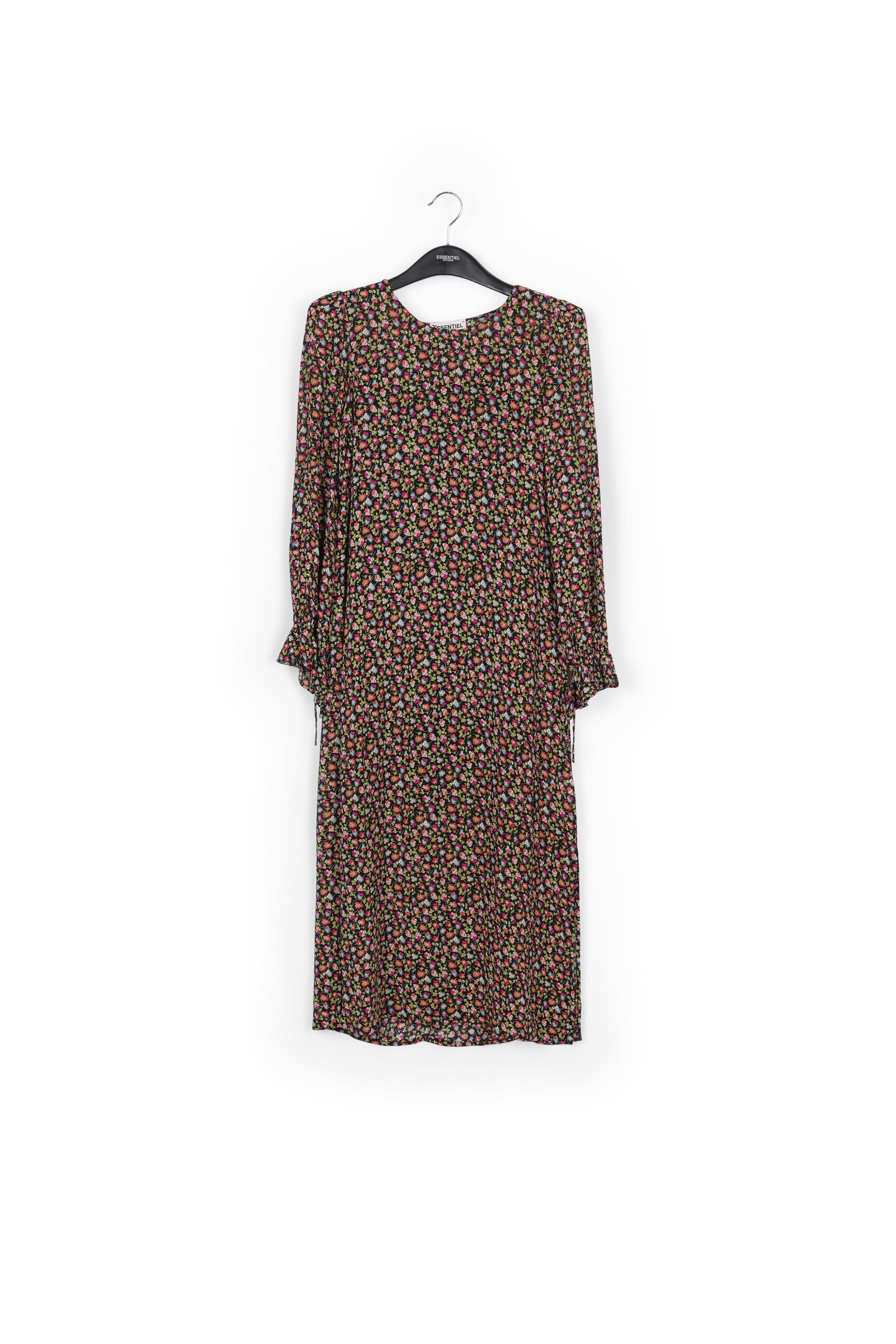 Midi-jurk met riem en zwarte, lichtgroene en fuchsia bloemenprint RE—SSENTIEL | Essentiel second hand