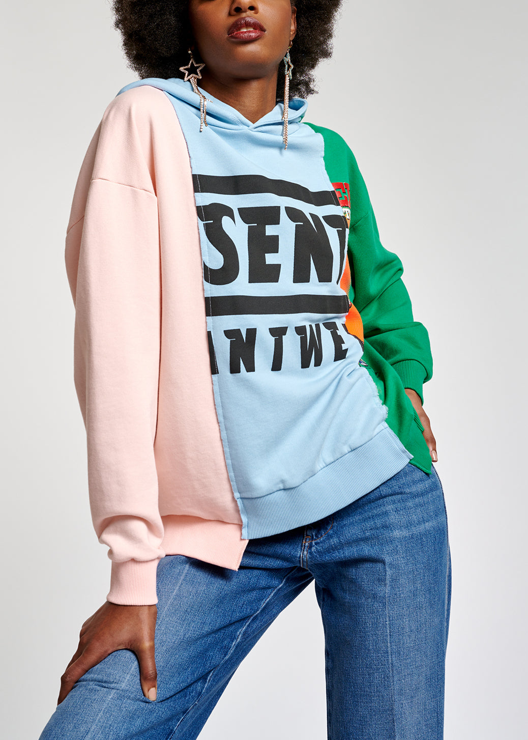 Light blue, pink and green patchwork hooded sweatshirt RE—SSENTIEL | Essentiel second hand