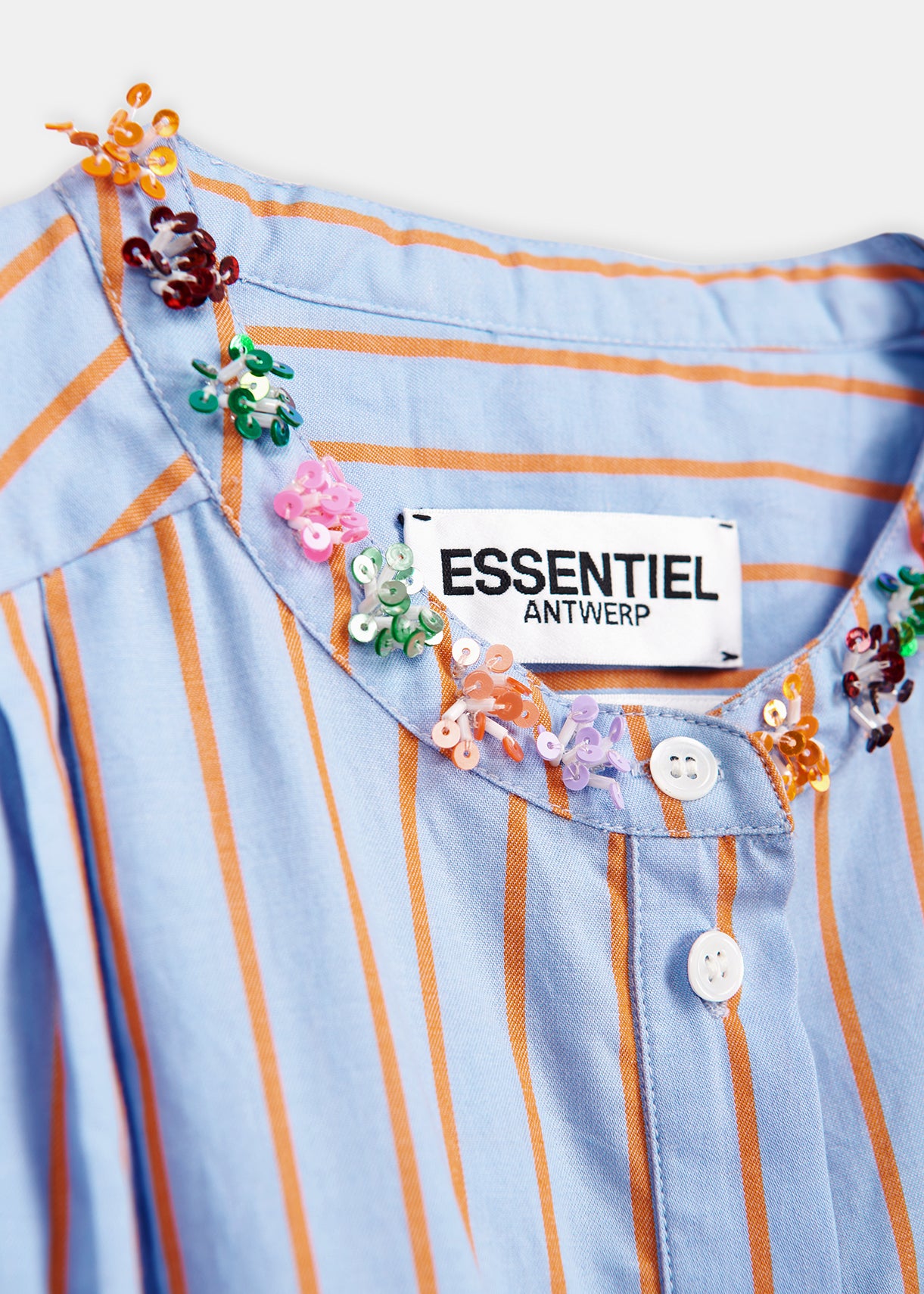 Light blue and orange striped cotton shirt with bead embellishments RE—SSENTIEL | Essentiel second hand