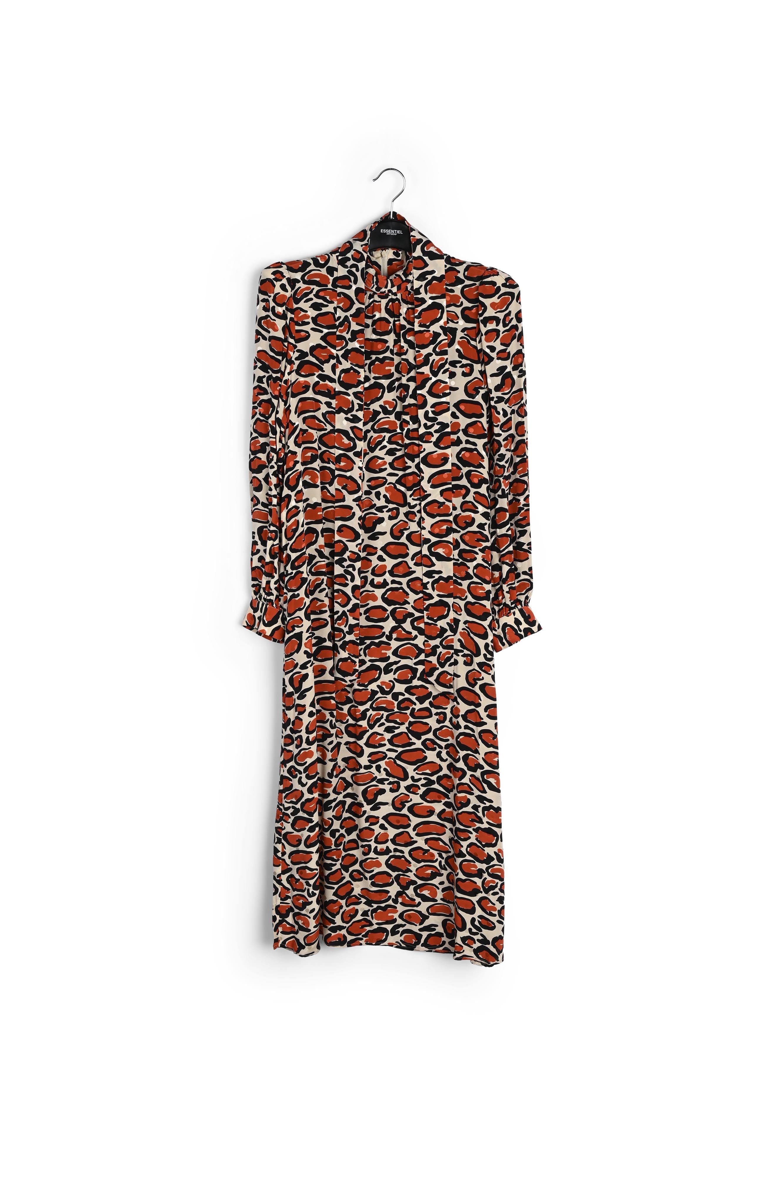 Gebroken witte zijden midi-jurk met opstaande kraag en luipaardprint RE—SSENTIEL | Essentiel second hand