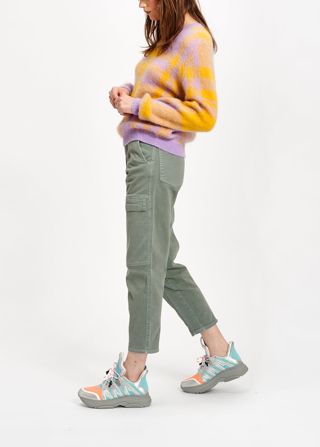 Lilac and yellow soft mohair plaid sweater RE—SSENTIEL | Essentiel second hand