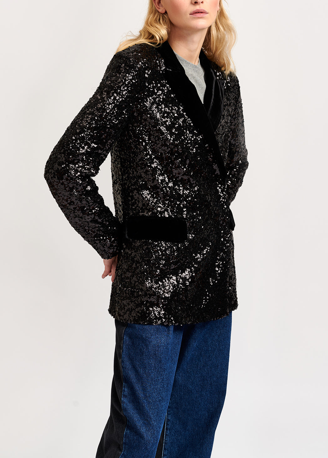 Black sequined double-breasted blazer RE—SSENTIEL | Essentiel second hand