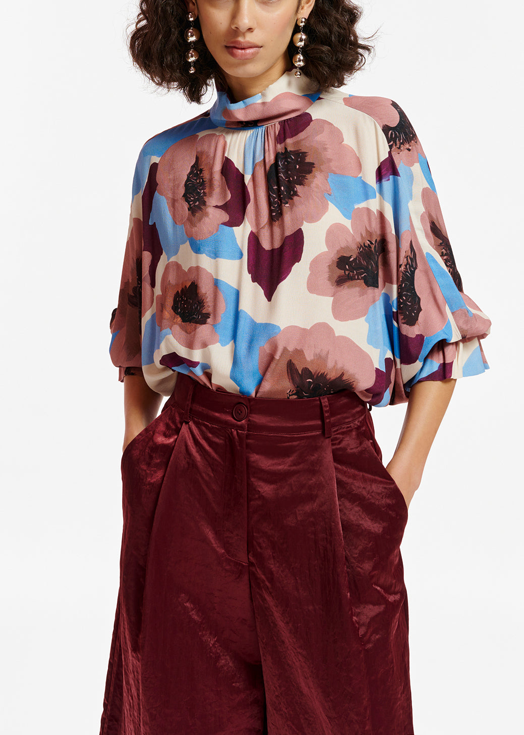 Mauve, burgundy and blue floral print top with stand-up collar RE—SSENTIEL | Essentiel second hand
