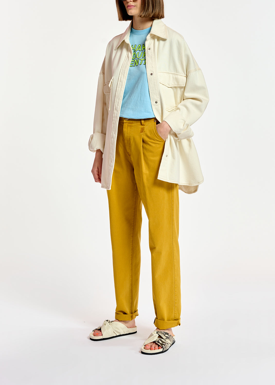 Light blue jersey t-shirt with neon green embroidery RE—SSENTIEL | Essentiel second hand