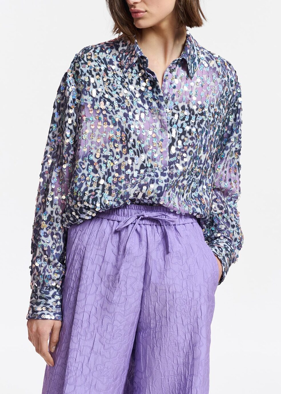 Off-white, lilac and purple leopard-print shirt with sequins RE—SSENTIEL | Essentiel second hand