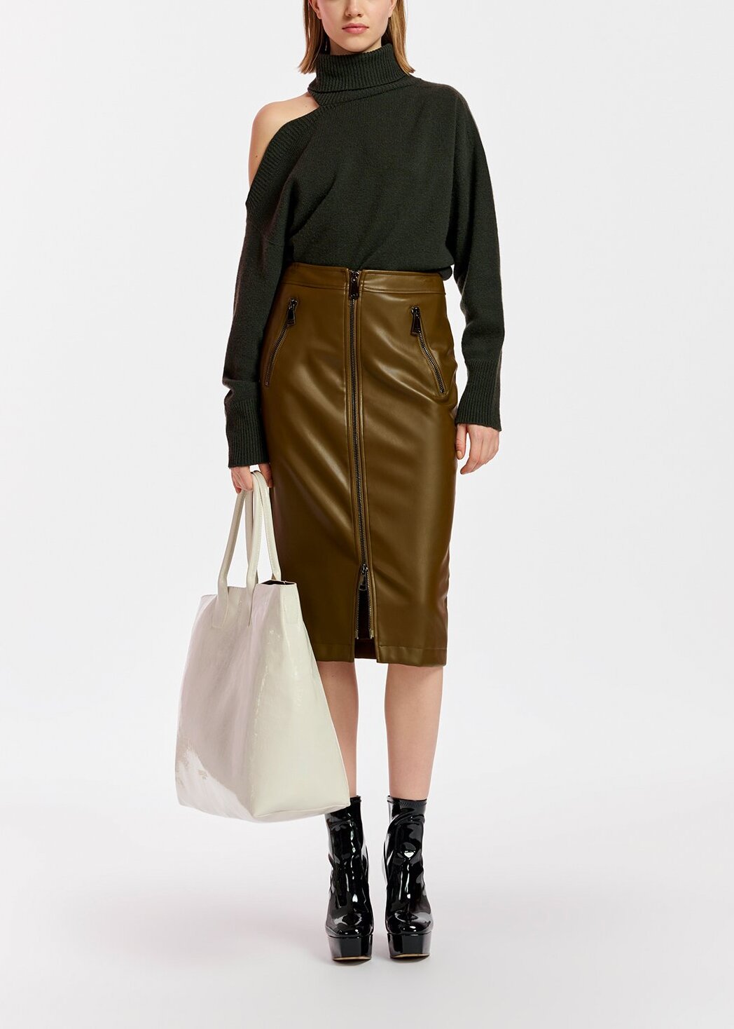 Khaki faux leather pencil skirt RE—SSENTIEL | Essentiel second hand