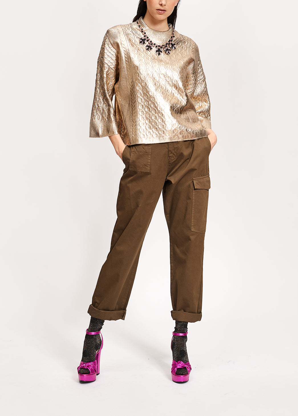 Gold metallic cable-knit sweater RE—SSENTIEL | Essentiel second hand