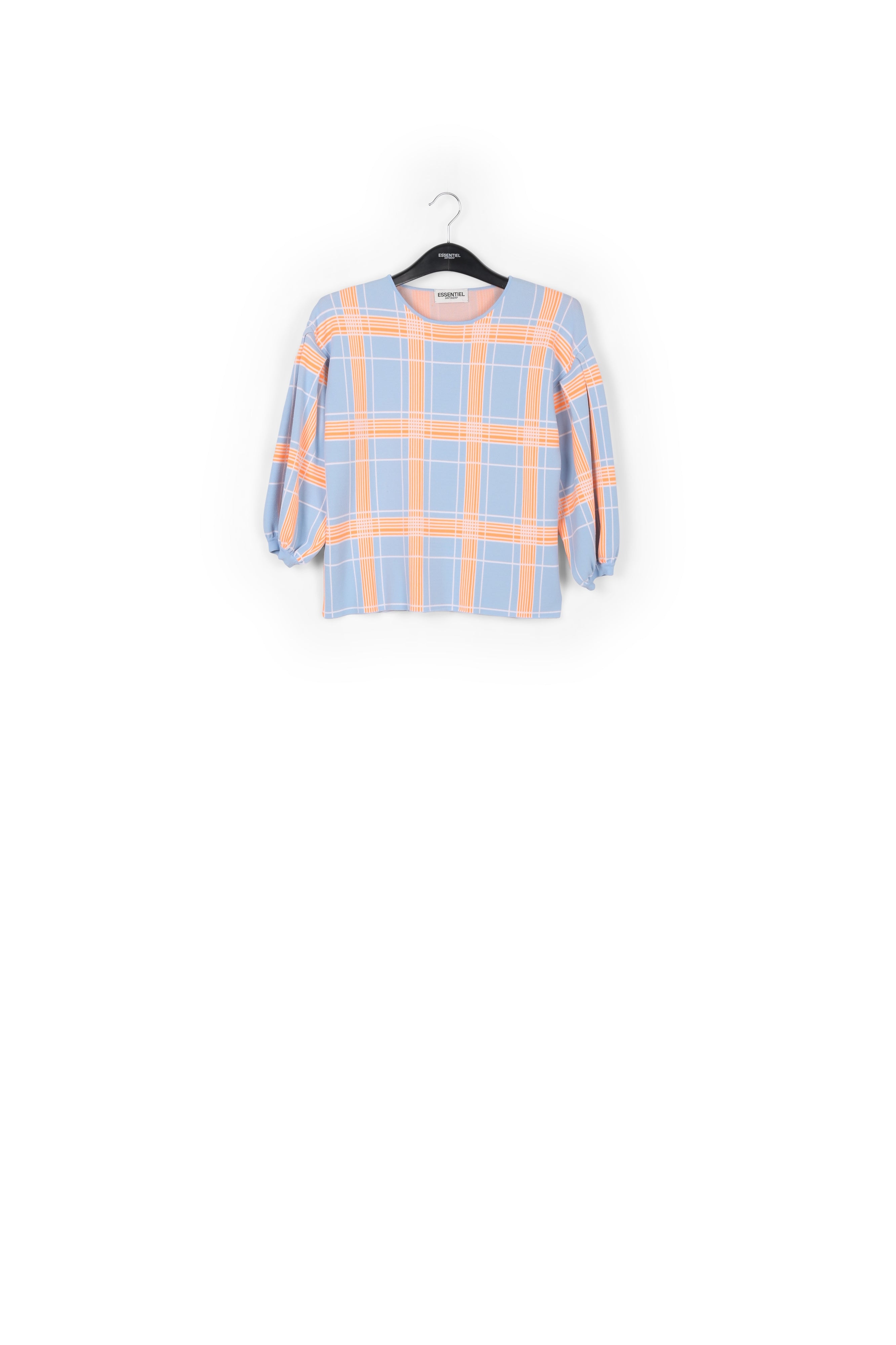 Light blue puffed sleeve knitted top with check motif RE—SSENTIEL | Essentiel second hand