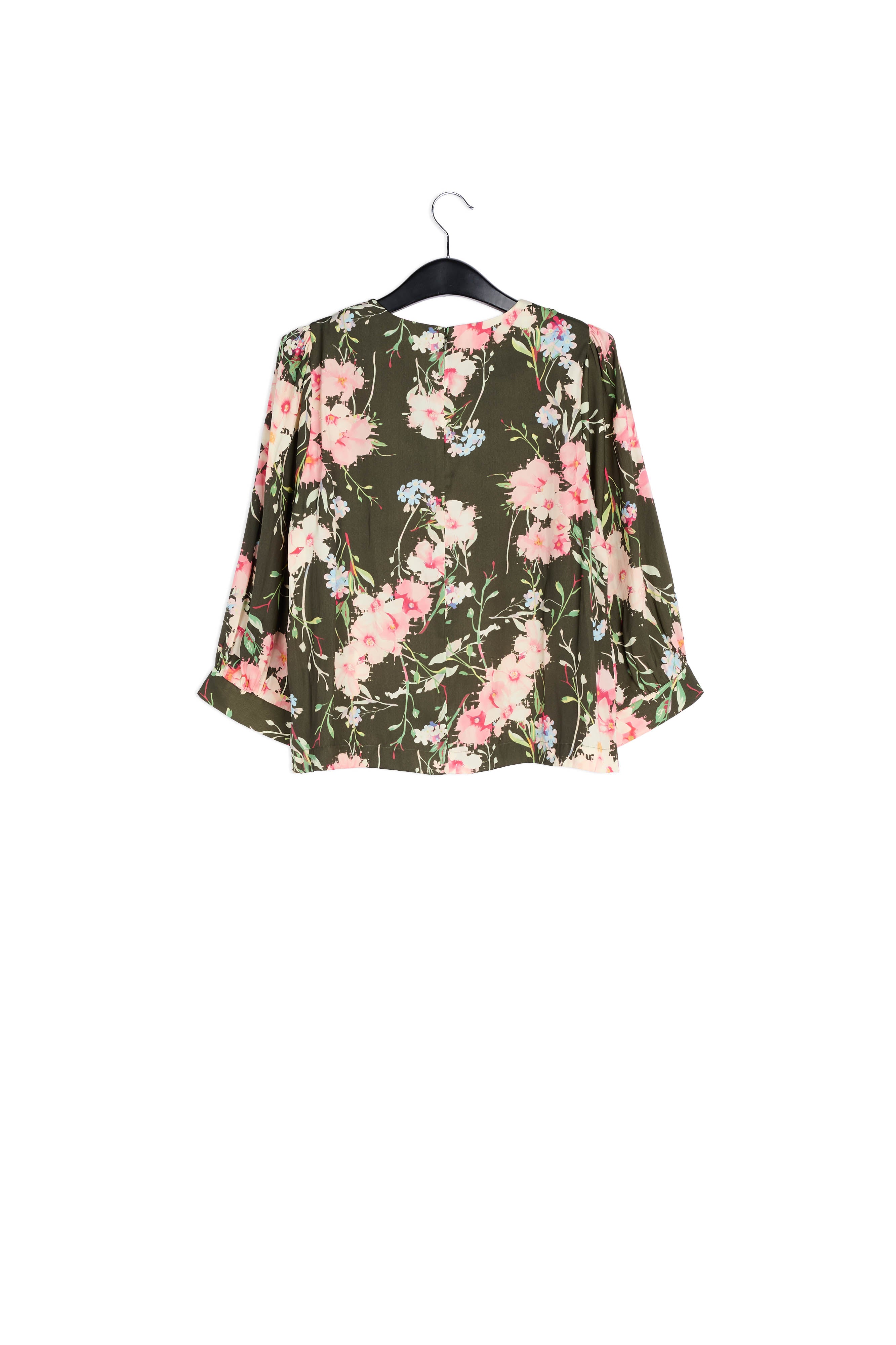Khaki floral top with puff sleeves RE—SSENTIEL | Essentiel second hand