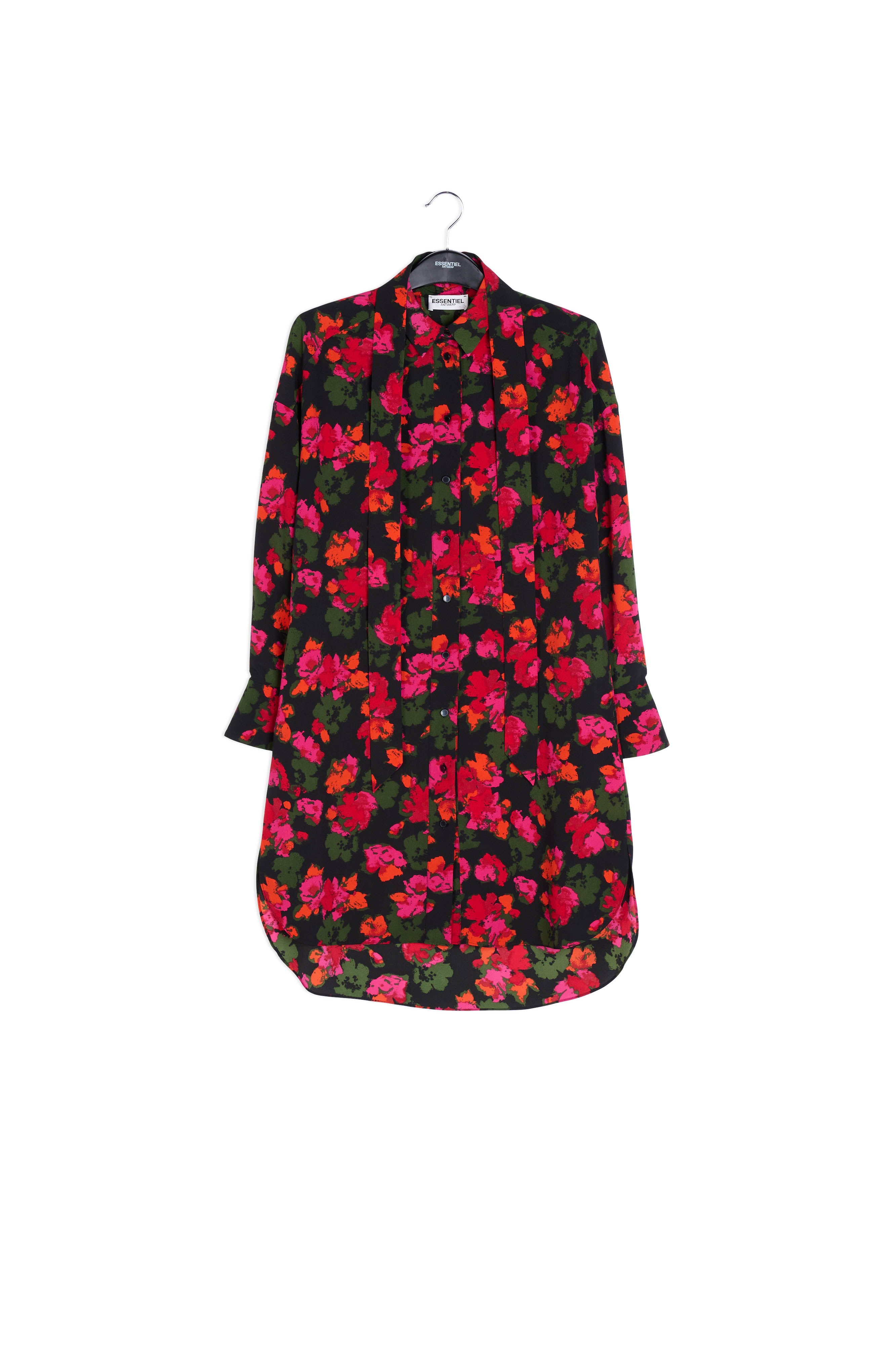 Midi-hemdjurk met zwart en rode bloemenprint RE—SSENTIEL | Essentiel second hand